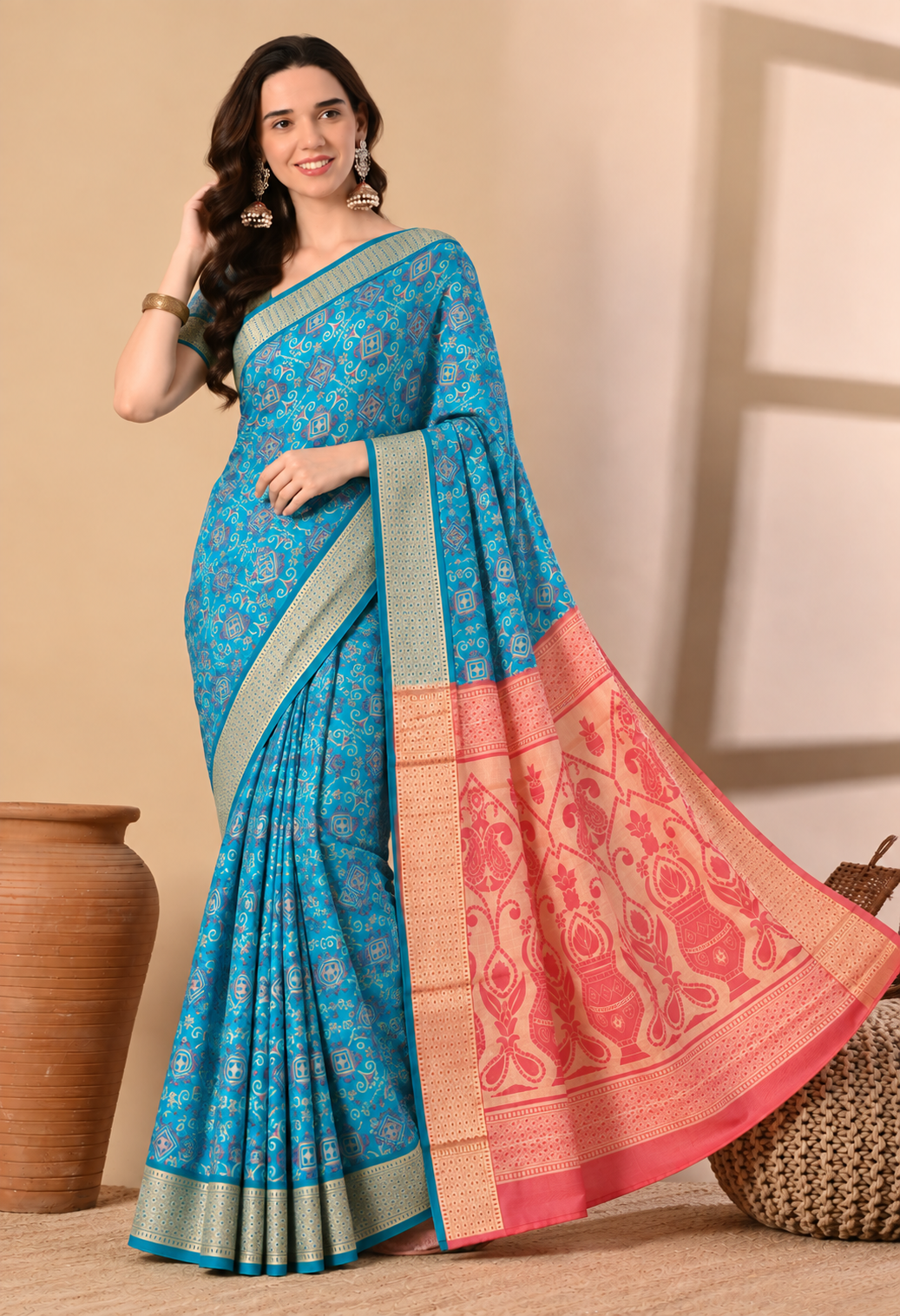 Turquoise Blue & Peach Traditional Woven Printed Saree with Designer Pallu