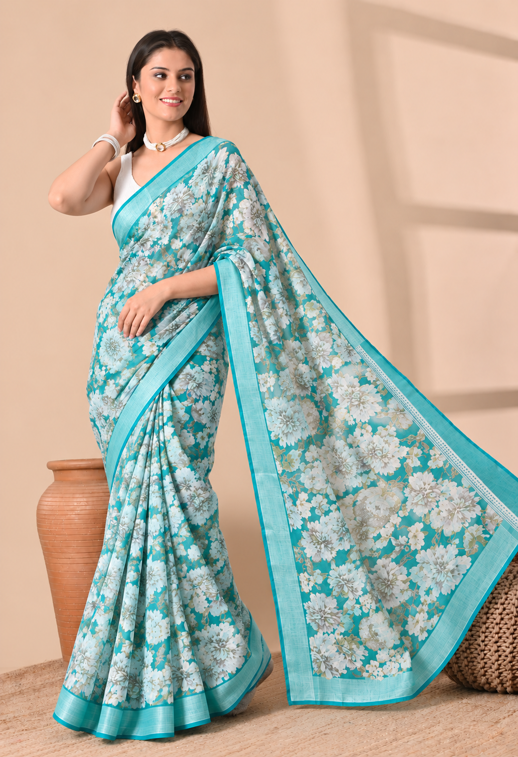 Elegant Green Cotton Saree with Floral Print