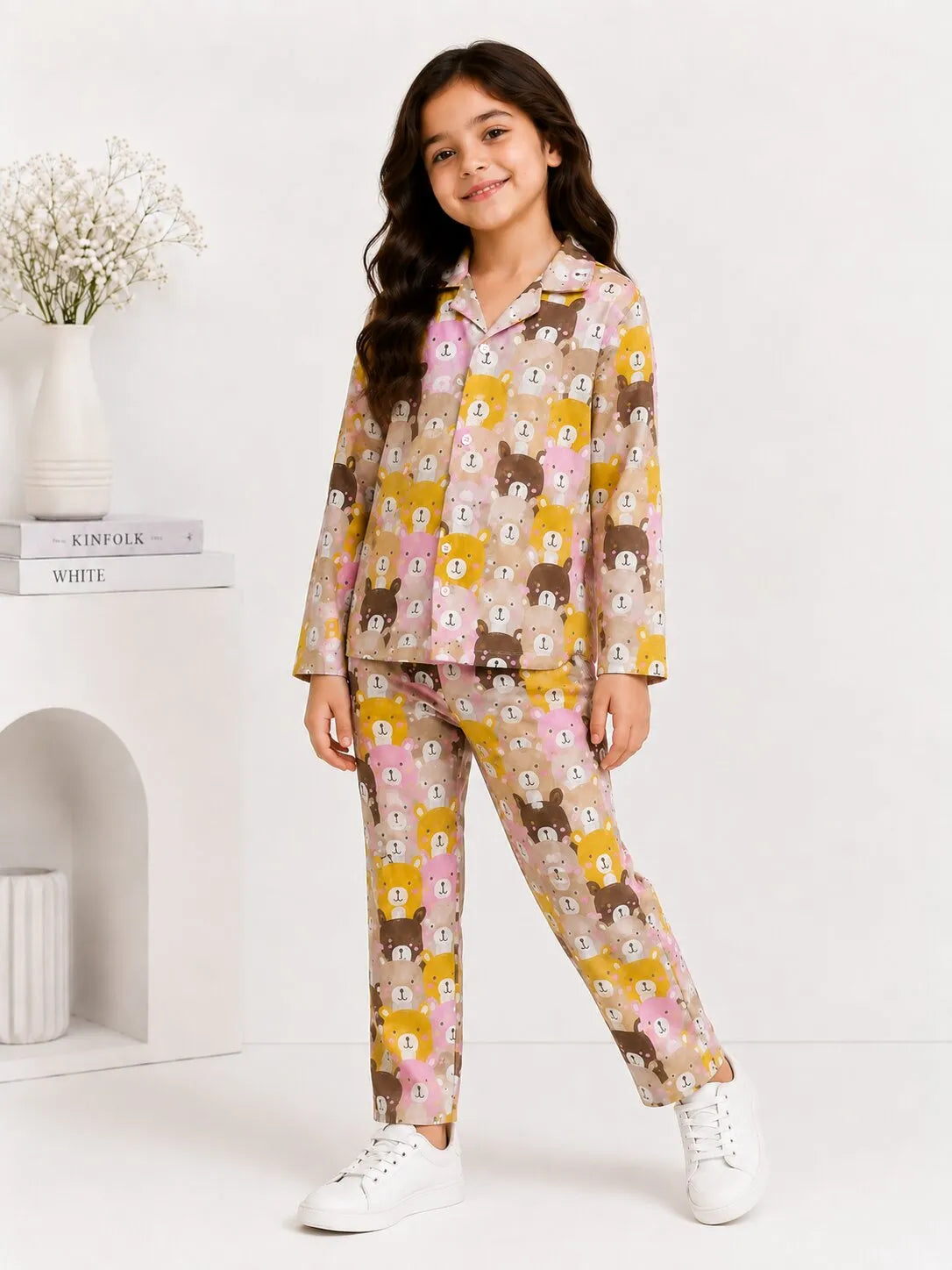 Kids Girls Full Sleeve Collared Pure Cotton Night Suit