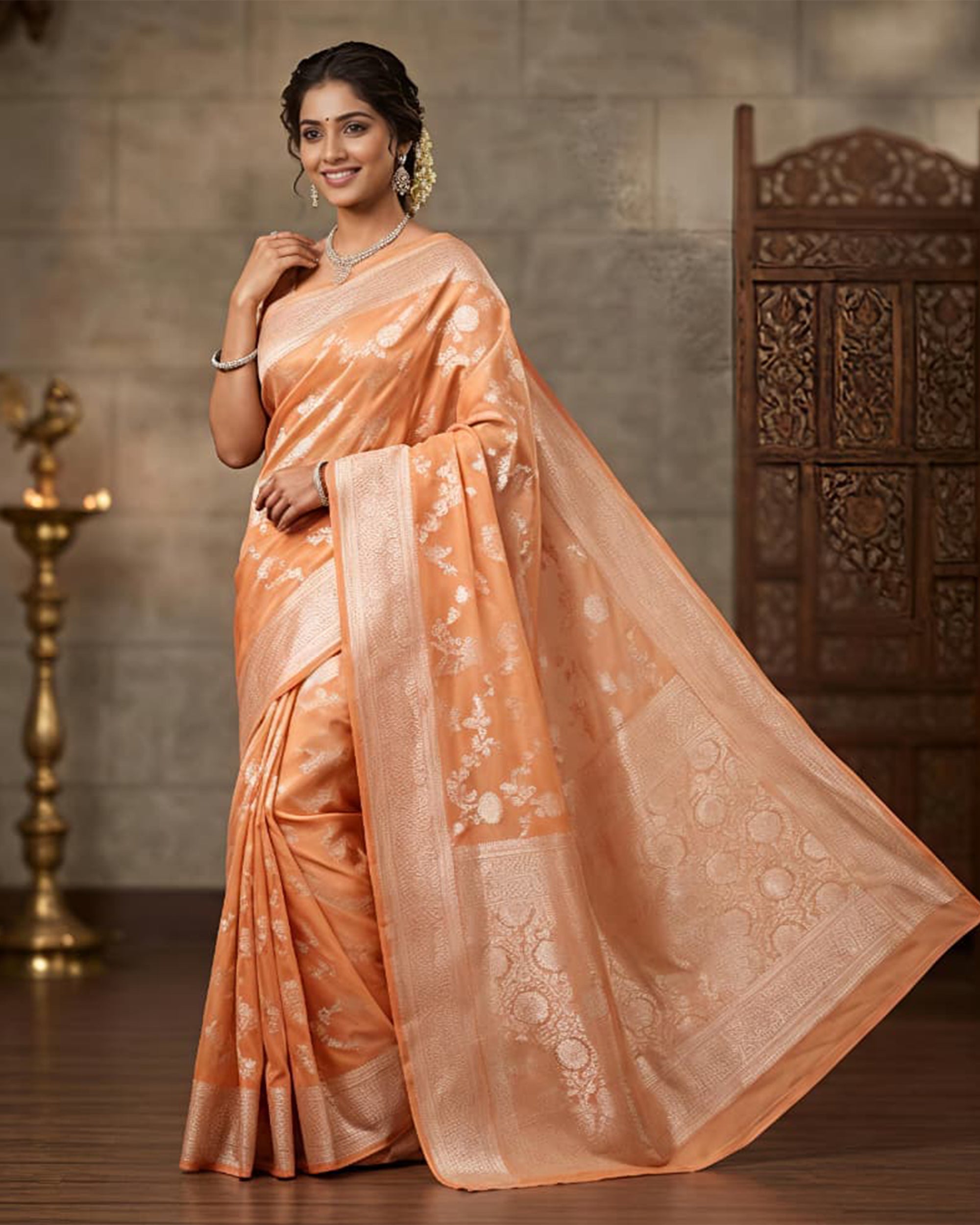 Peach & Silver-Toned Silk Blend Woven Design Banarasi Saree
