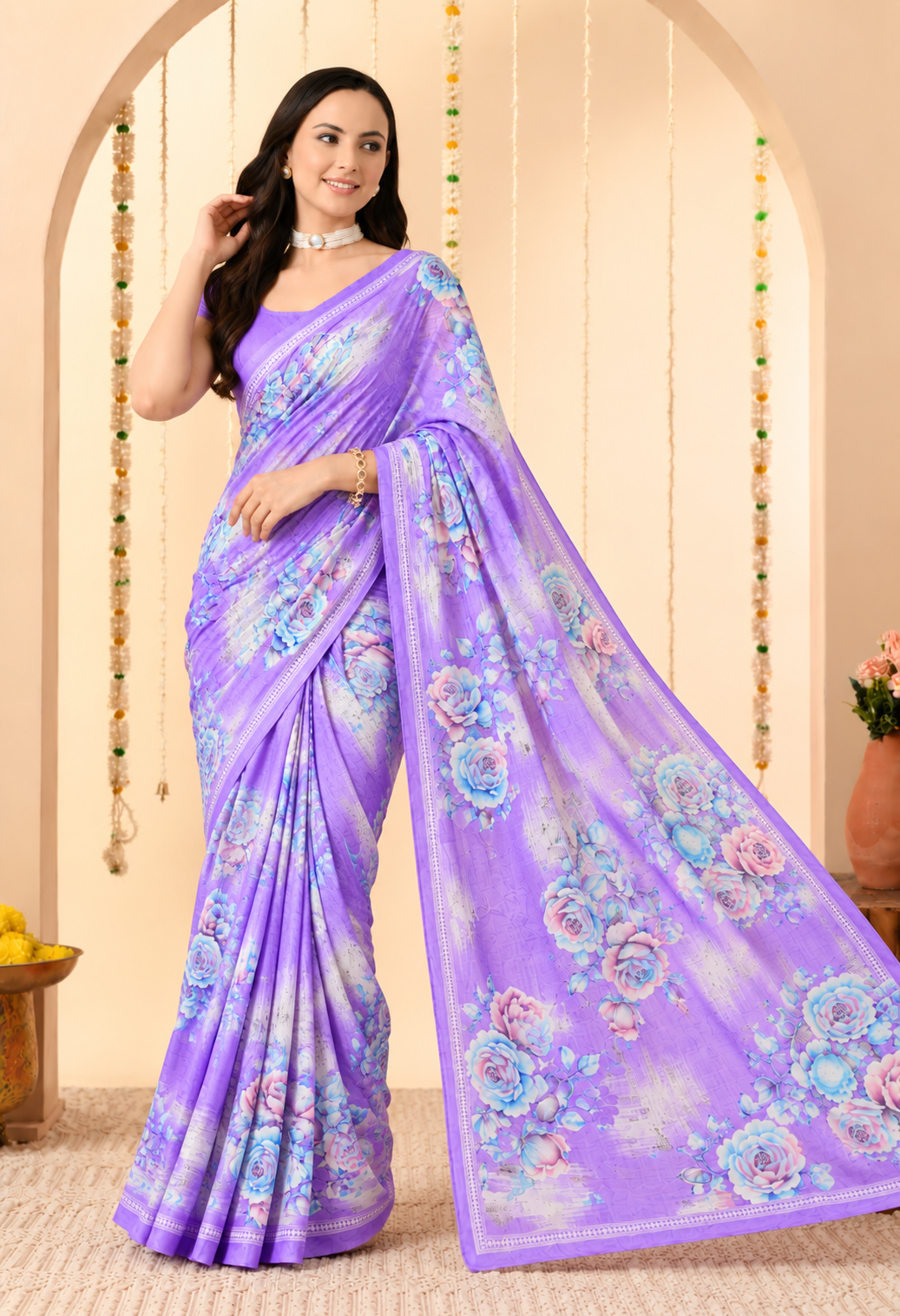 Purple Floral Printed Silk Blend Saree