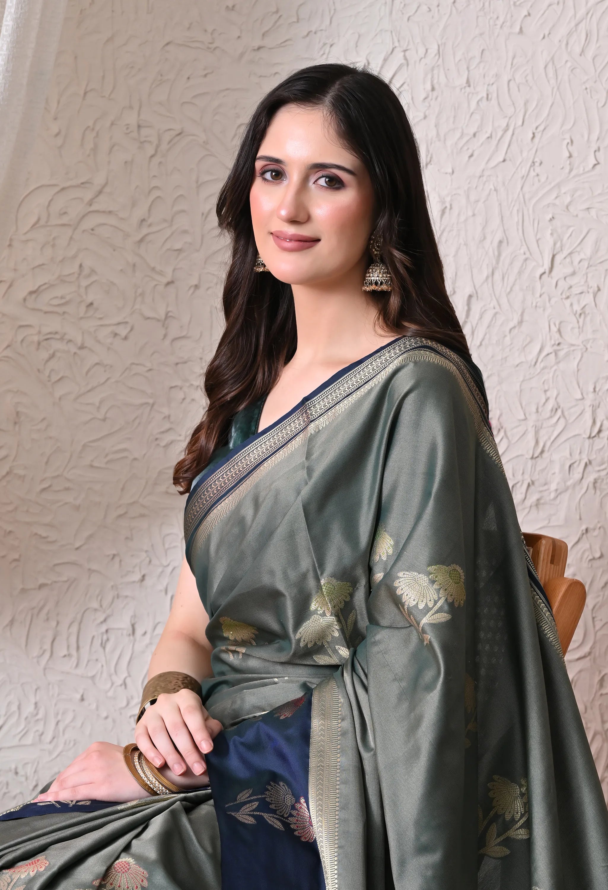 Contemporary Olive Grey and Navy Blue Silk Blend Saree