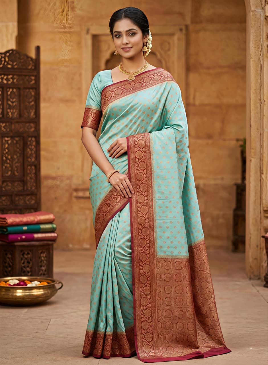 Woven Design Zari Silk Blend Banarasi Saree with Contrast Border