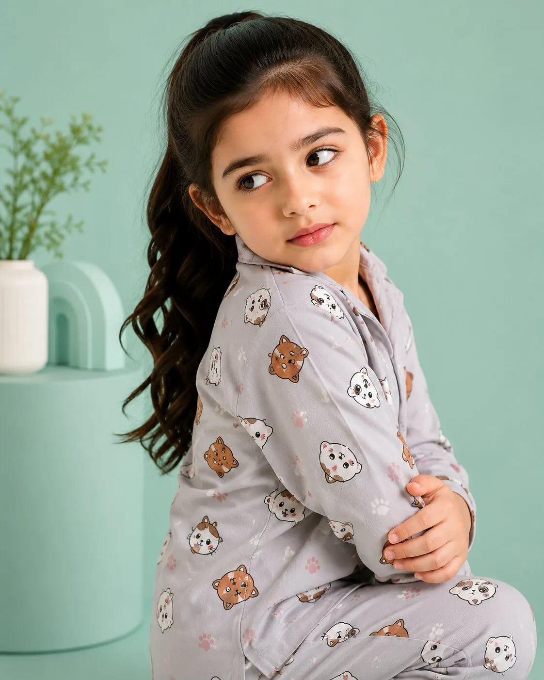 Girls Grey & Orange Cat Printed Satin Night Suit