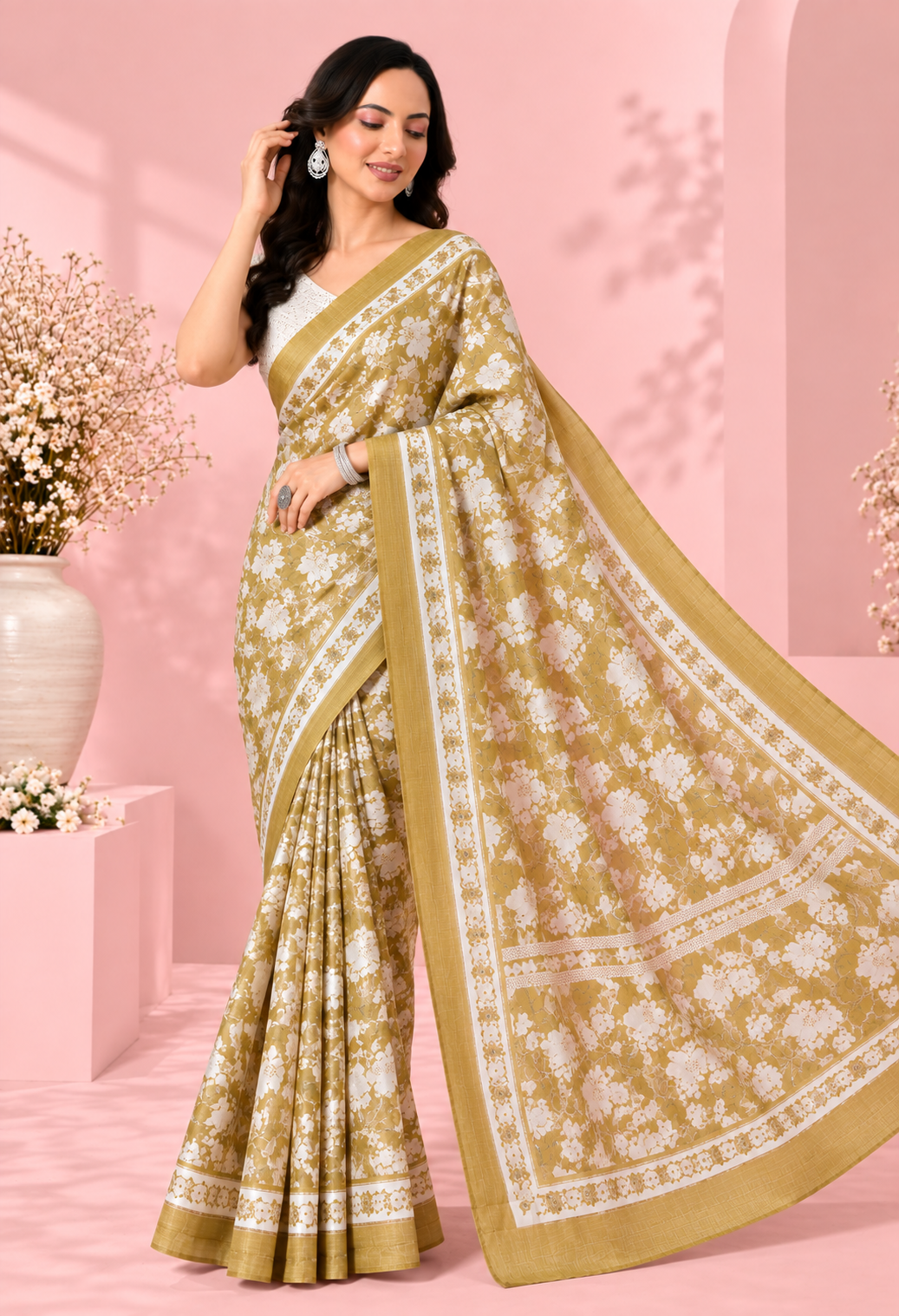 Elegant Mustard Gold Floral Printed Saree with Intricate Border