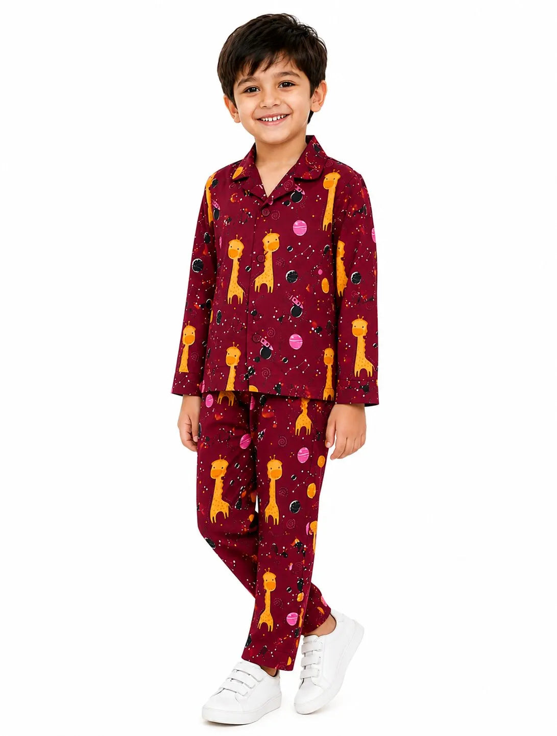 Kids Boys Maroon & Yellow Printed Pure Cotton Night Suit