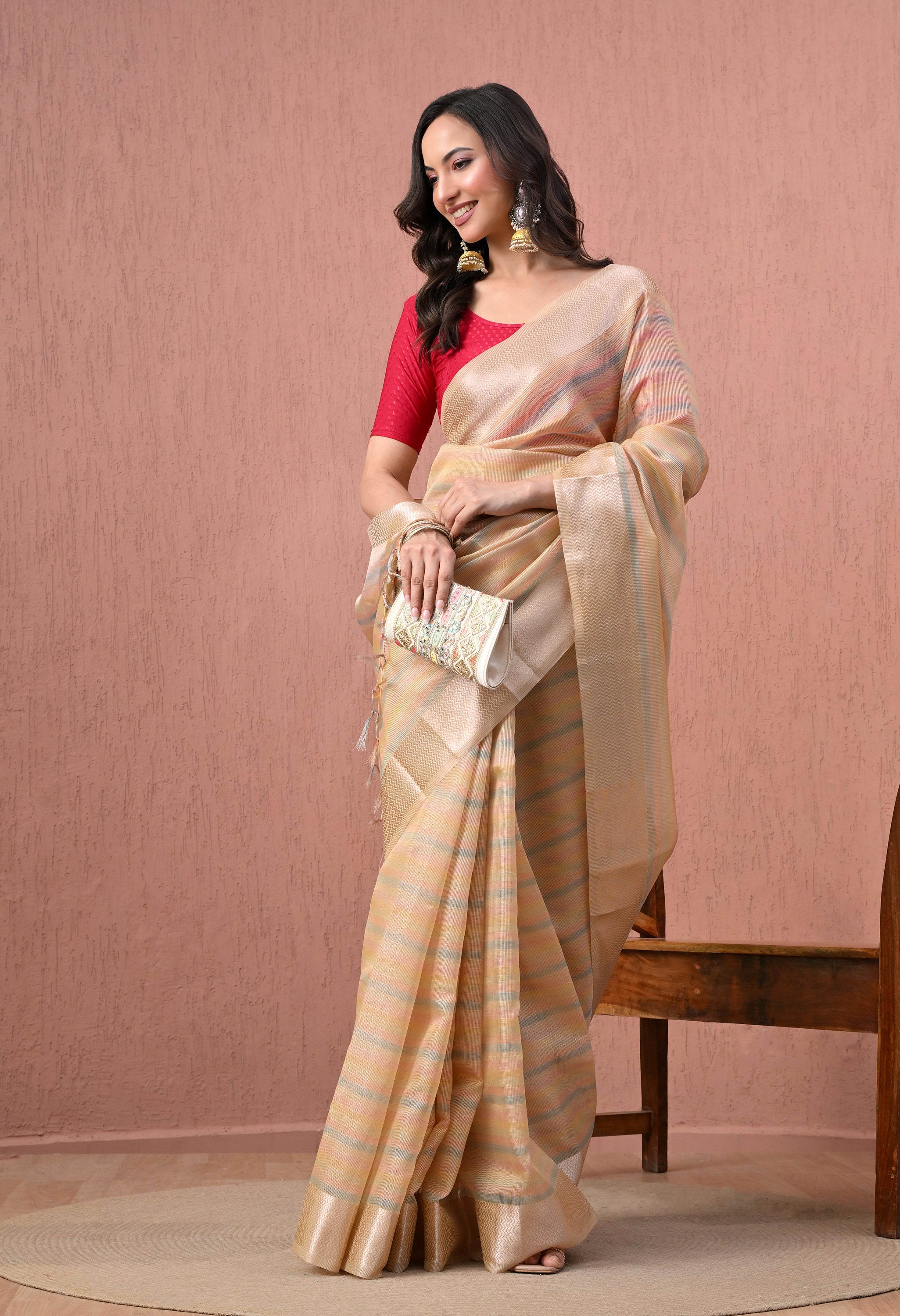 Elegant Pastel Beige  Striped Pure Cotton Saree with Zari Border