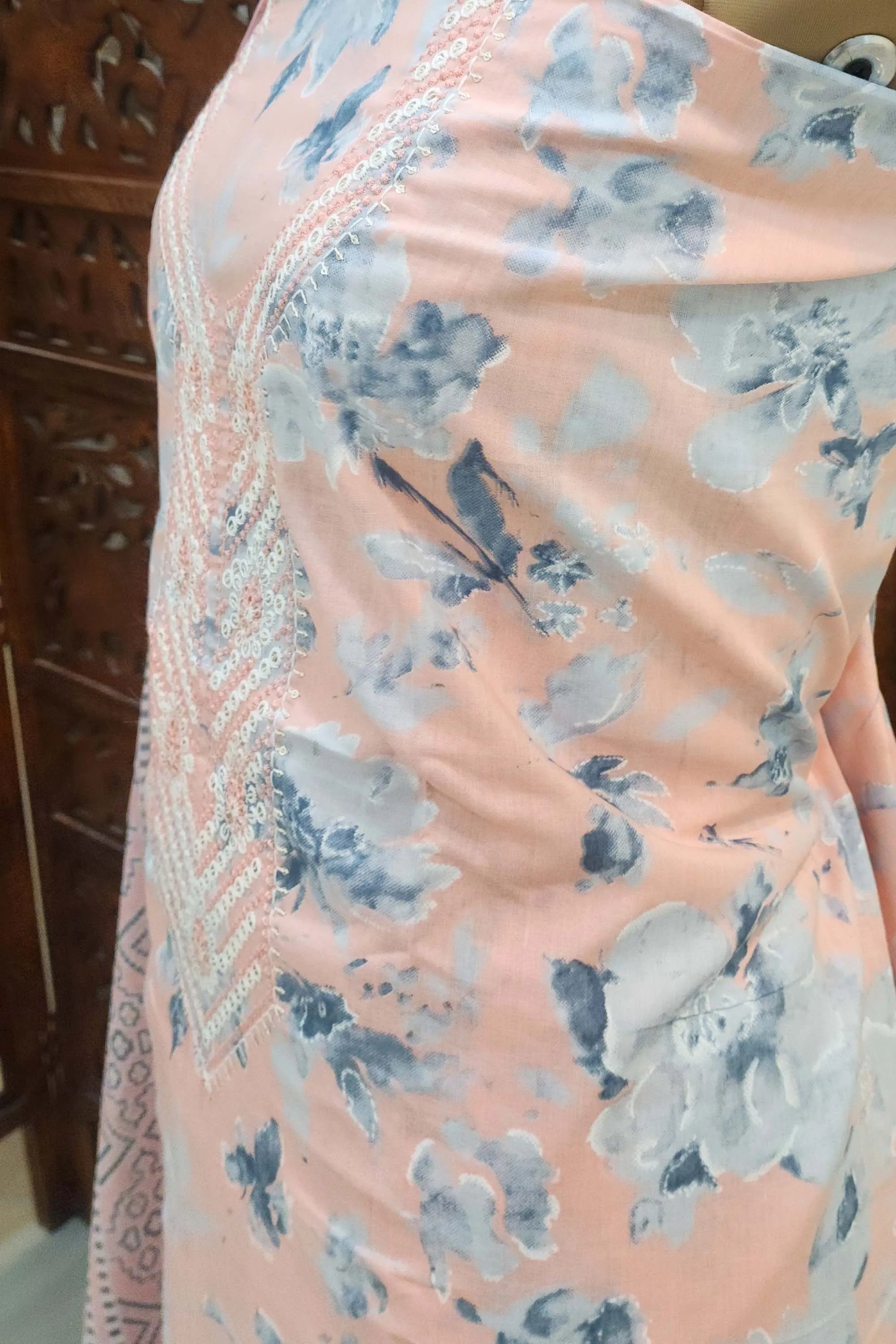 Women Peach & Blue Floral Printed Unstitched Cotton Dress Material with Sequined Embroidery