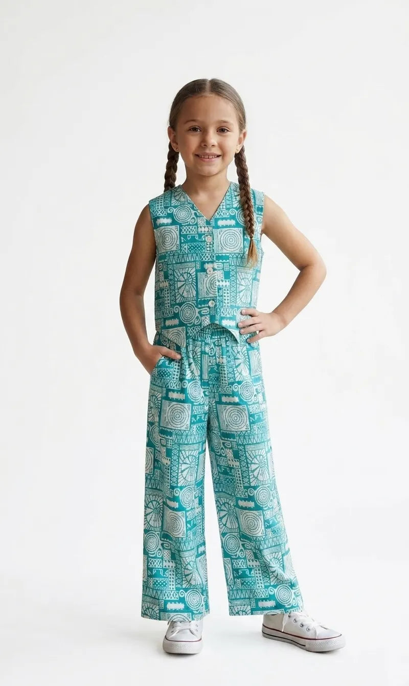 Girls Teal  Geometric Printed Pure Cotton Waistcoat Style Co-ord Set