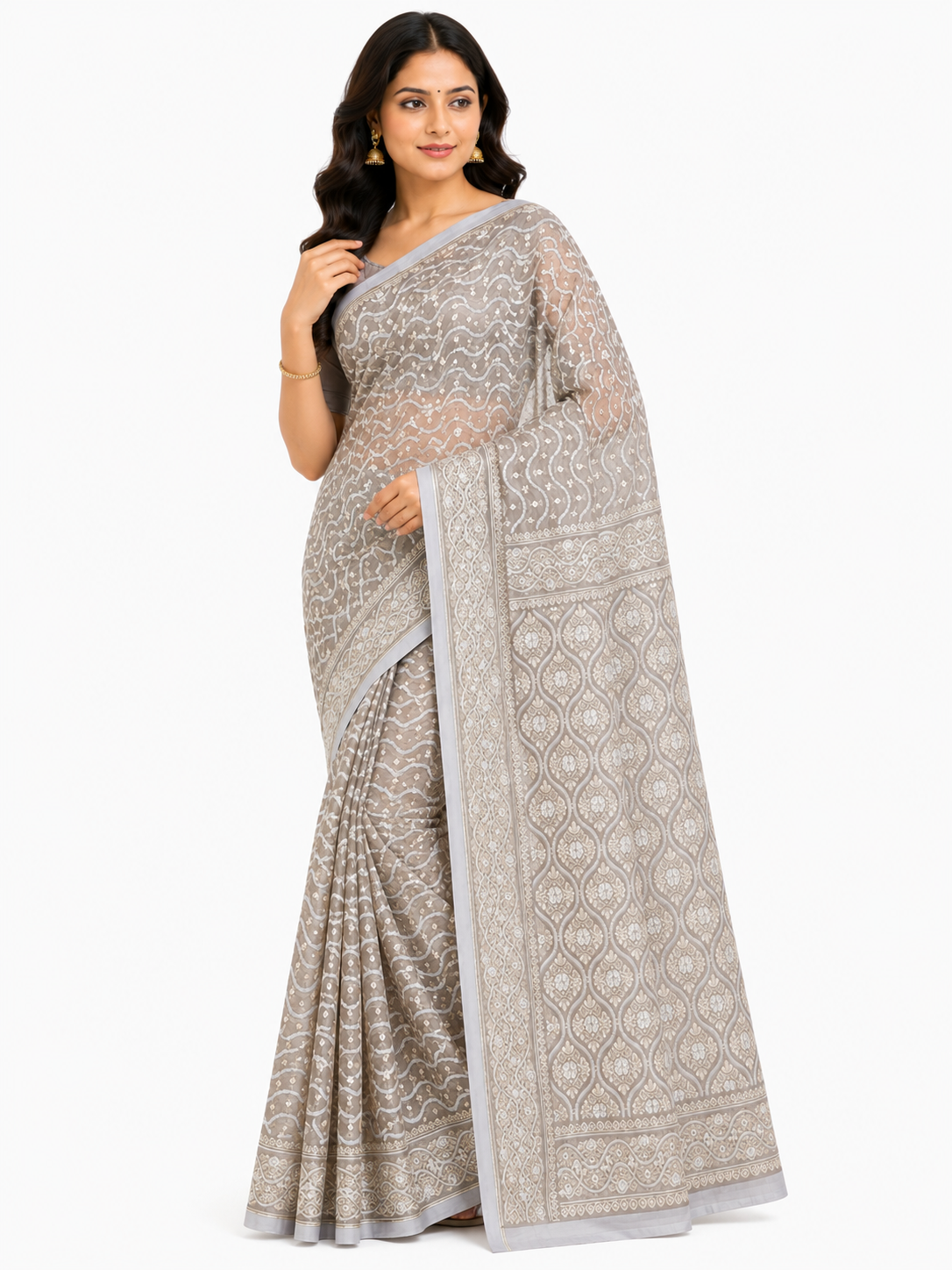 Grey & Gold-Toned Woven Design Banarasi Silk Saree with Unstitched Blouse Piece