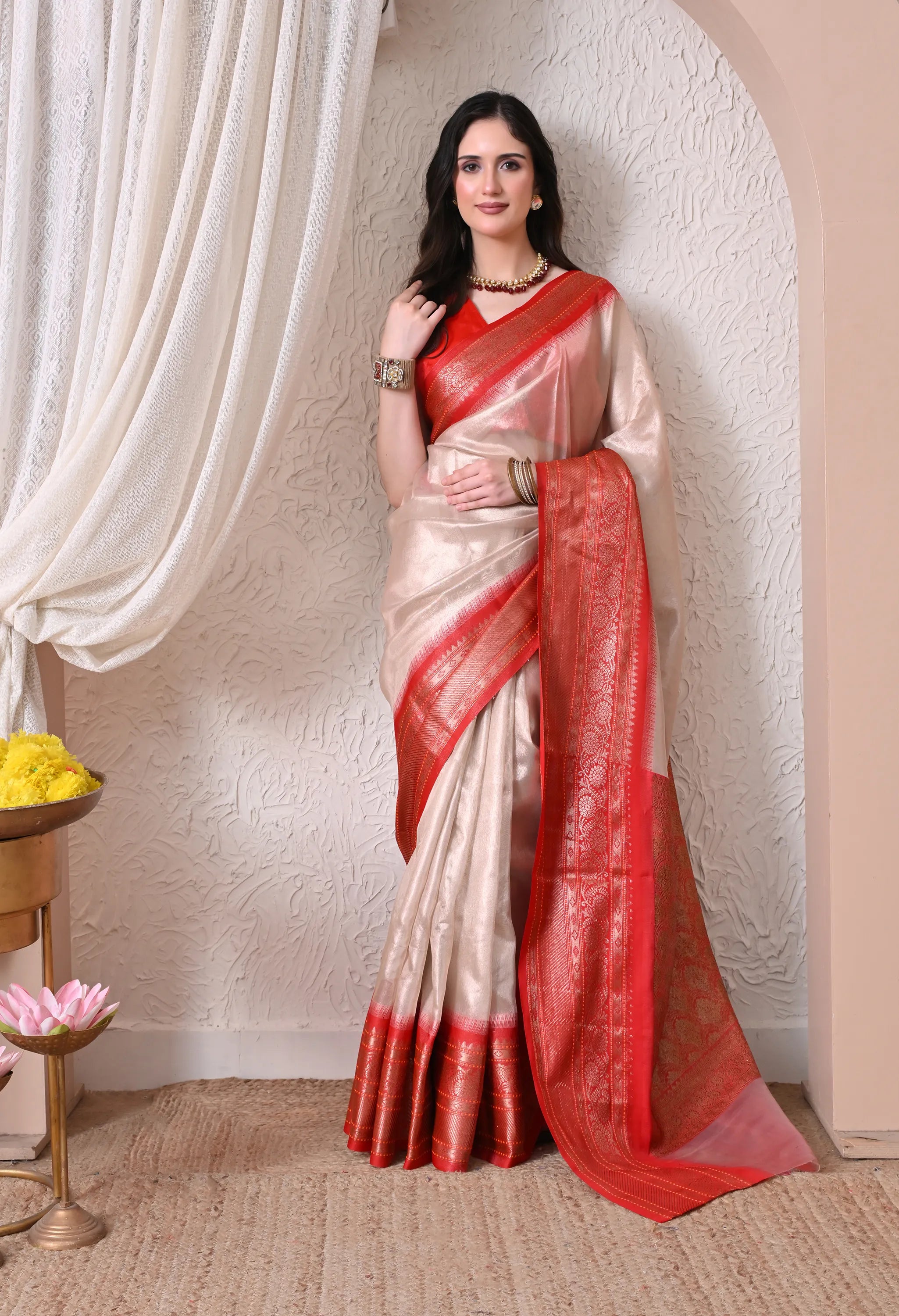 Silk Blend Saree in Ivory White & Vermilion Red