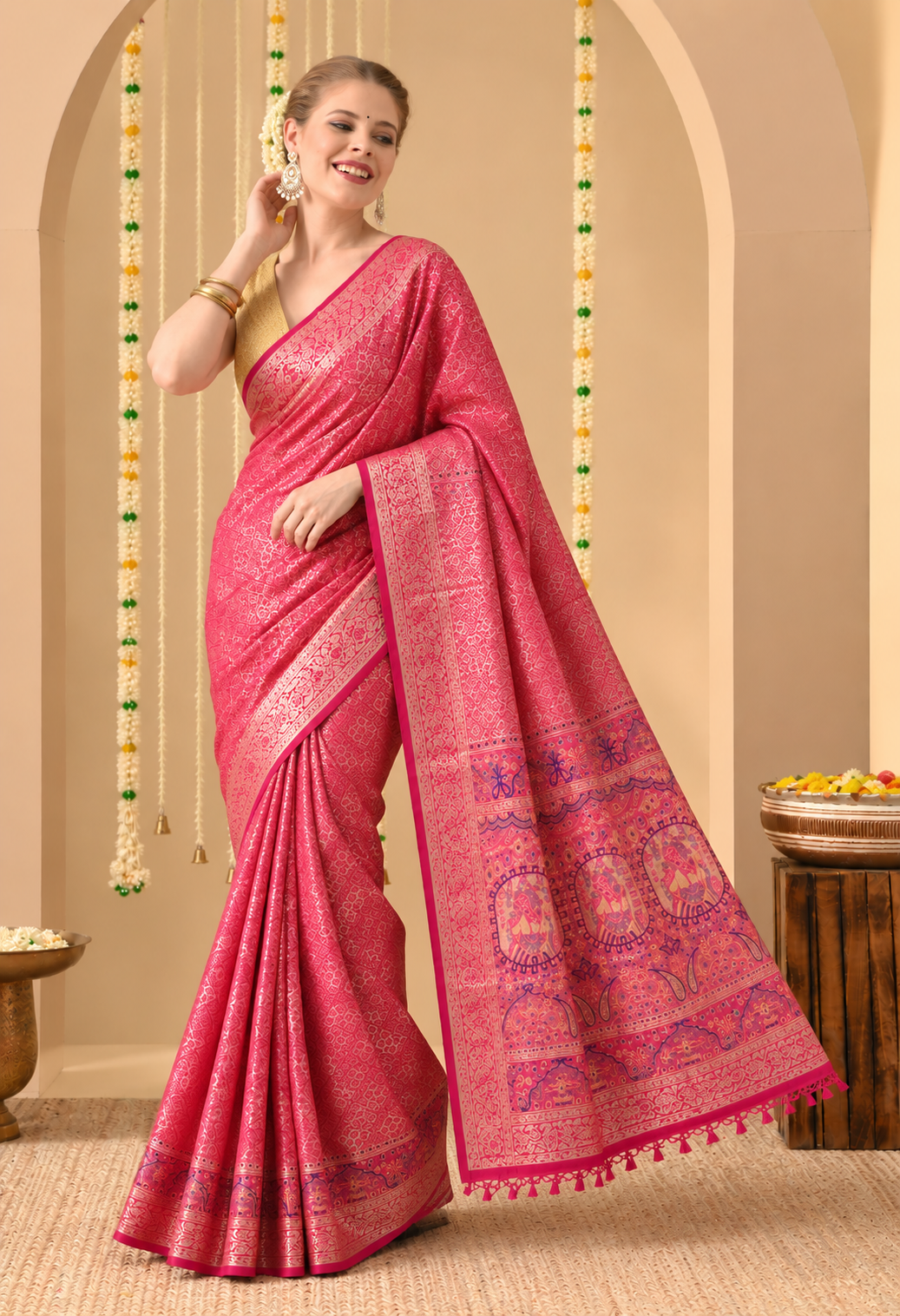 Wine Red Printed Silk Blend Saree