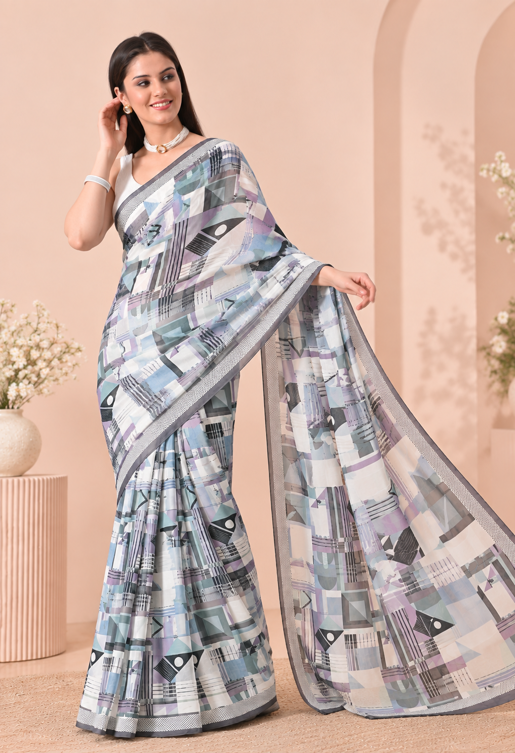 Elegant Multicolour Geometric Printed Saree with Contemporary Pallu