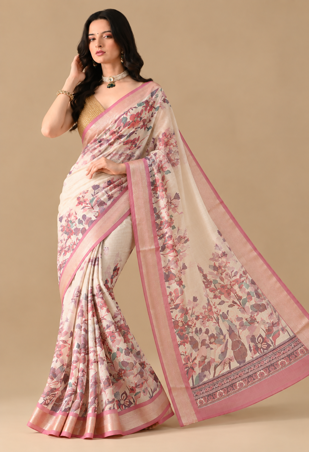 Elegant Ivory Floral Printed Saree with Blush Pink Border