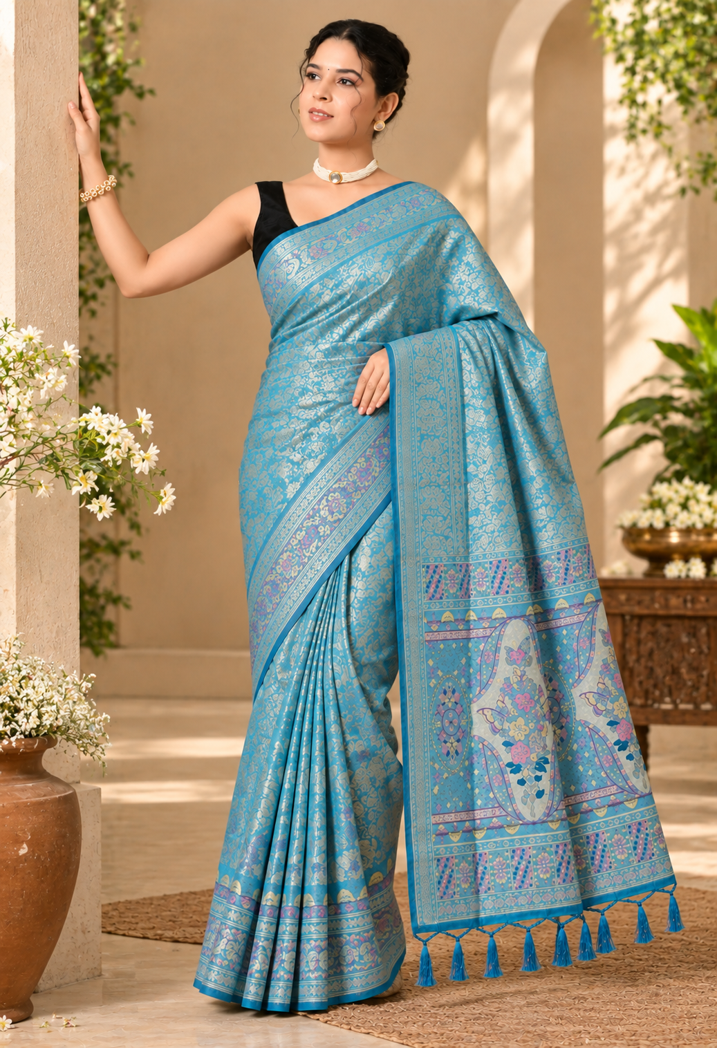Elegant Blue Printed Saree with Floral Pallu & Tassel Detailing