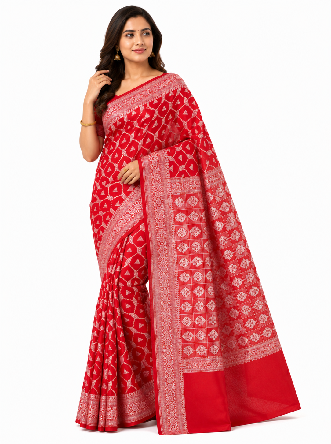 Women Red & Gold-Toned Geometric Woven Design Banarasi Saree