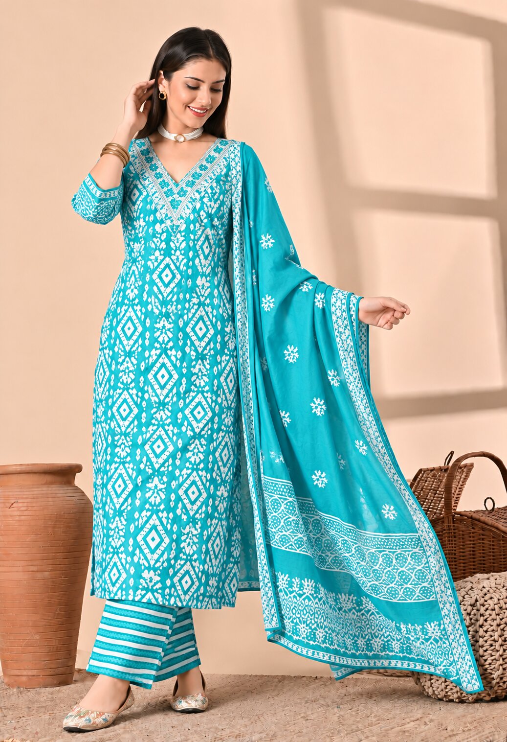 Turquoise Blue Cotton Printed Suit Set with Matching Cotton Dupatta for Women