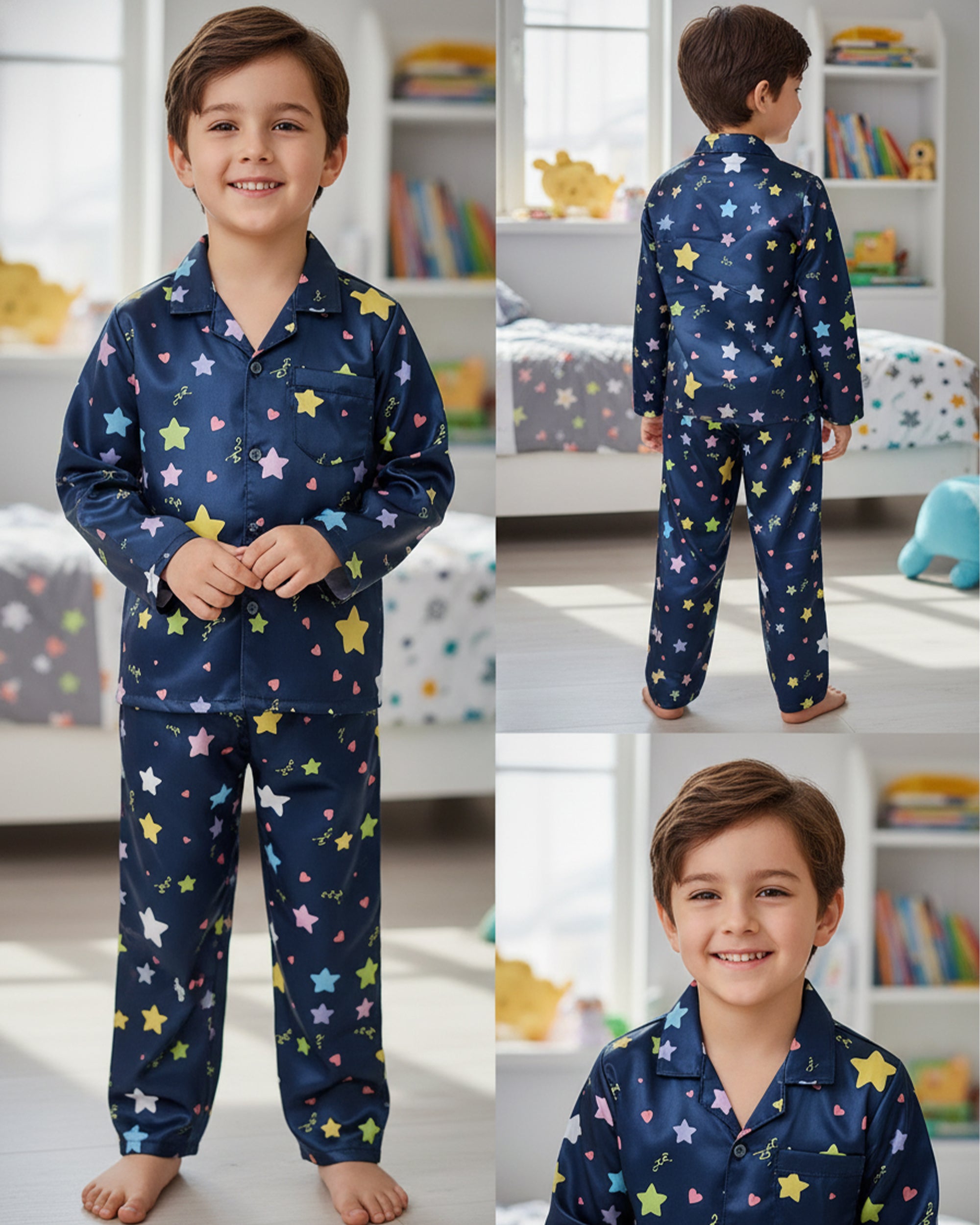 Boys Navy Blue & Multi-Colored Star Print Satin Night Suit