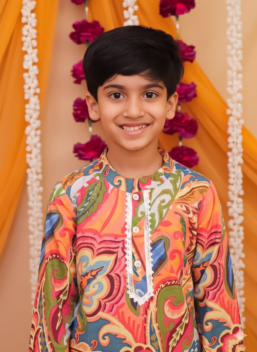 Boys' Cotton Multi-Color Printed Kurta Pajama Set | Ethnic Wear for Festivals, Weddings & Parties | 2-Piece Traditional Outfit