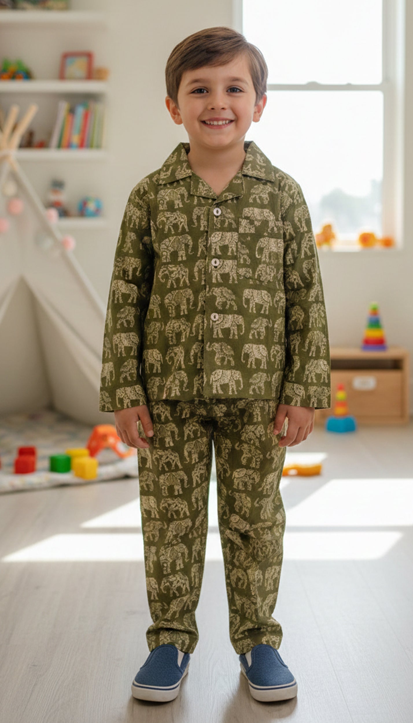 Kids Olive Green & Beige Elephant Print Cotton Lounge Set