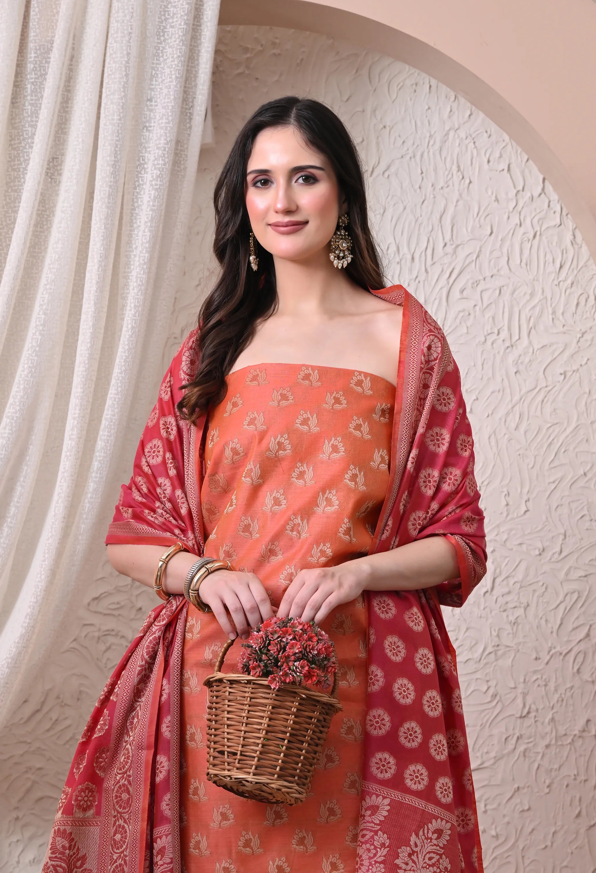 Elegant Peach and Magenta Woven Silk Unstitched Salwar Suit Material with Banarasi Style Dupatta