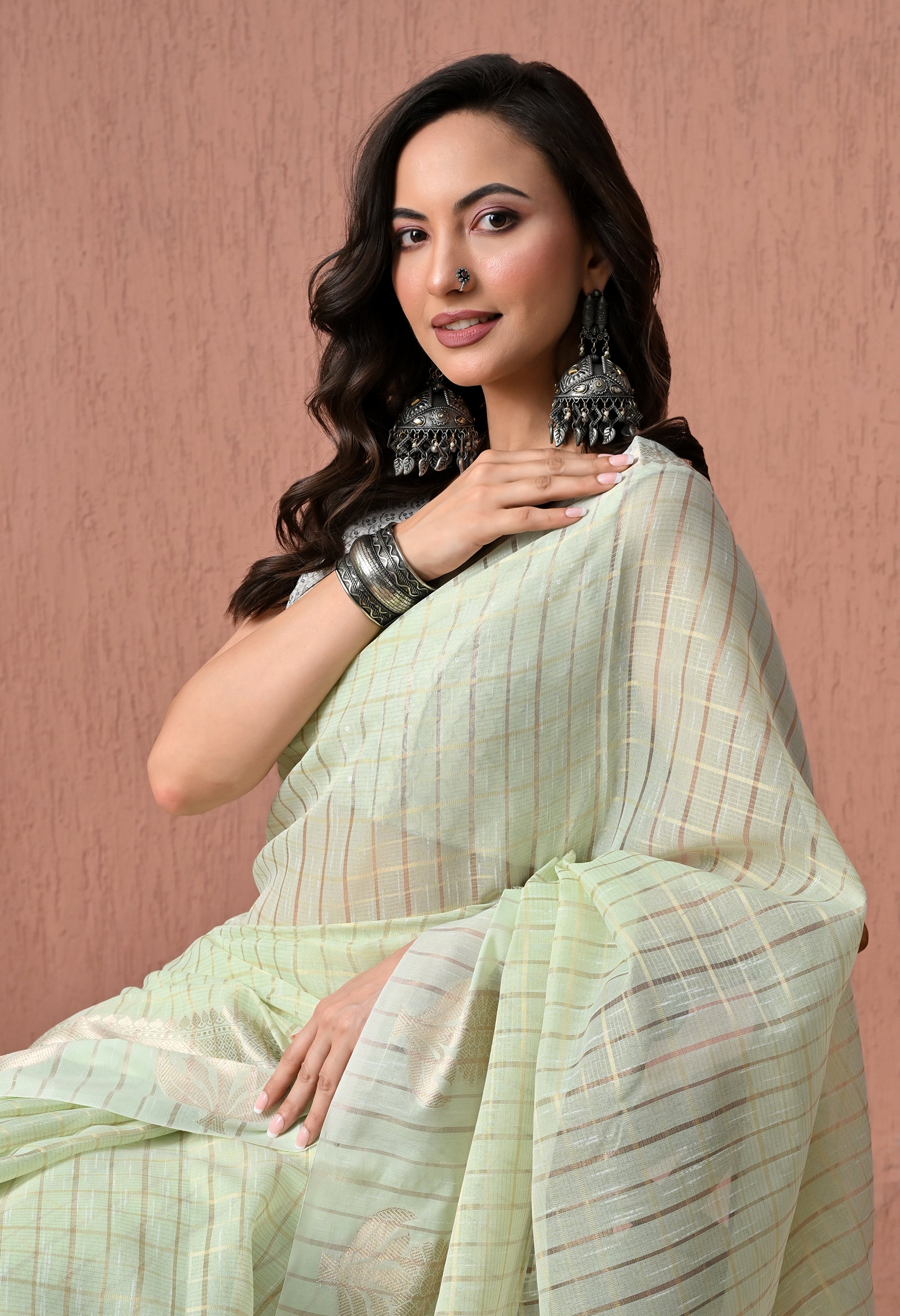 Pure Cotton Saree in Pastel Mint Green with Silver Zari Checked Pattern and Floral Pallu