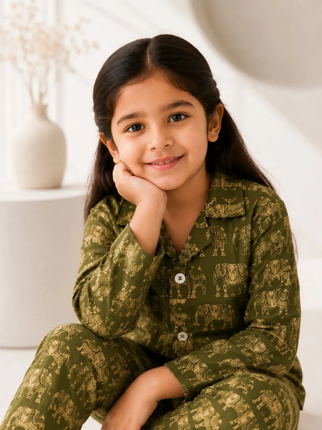 Kids Olive Green & Beige Elephant Print Cotton Lounge Set