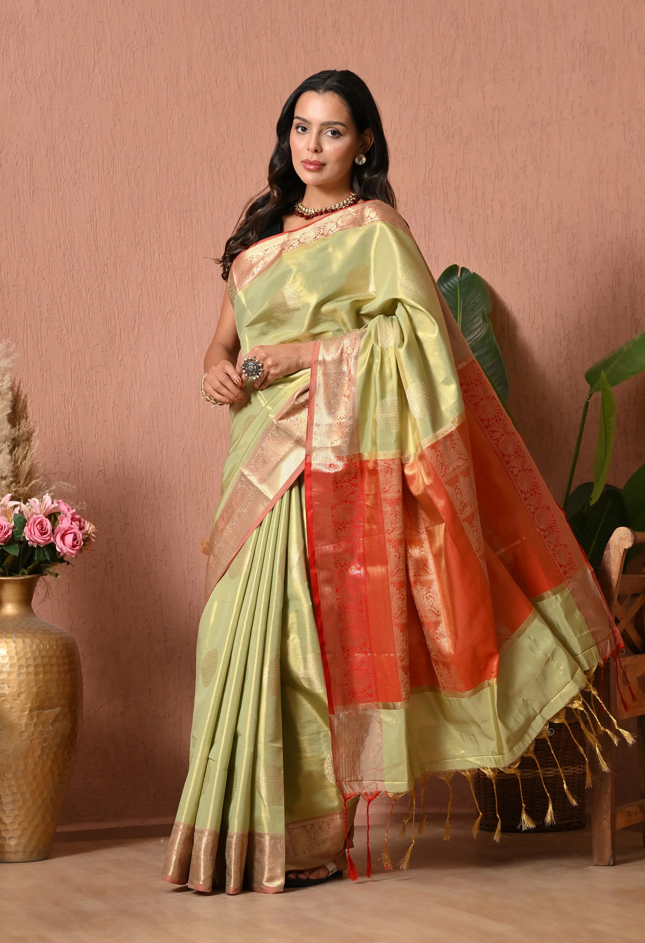 Silk Blend Saree in Pastel Olive & Coral Copper