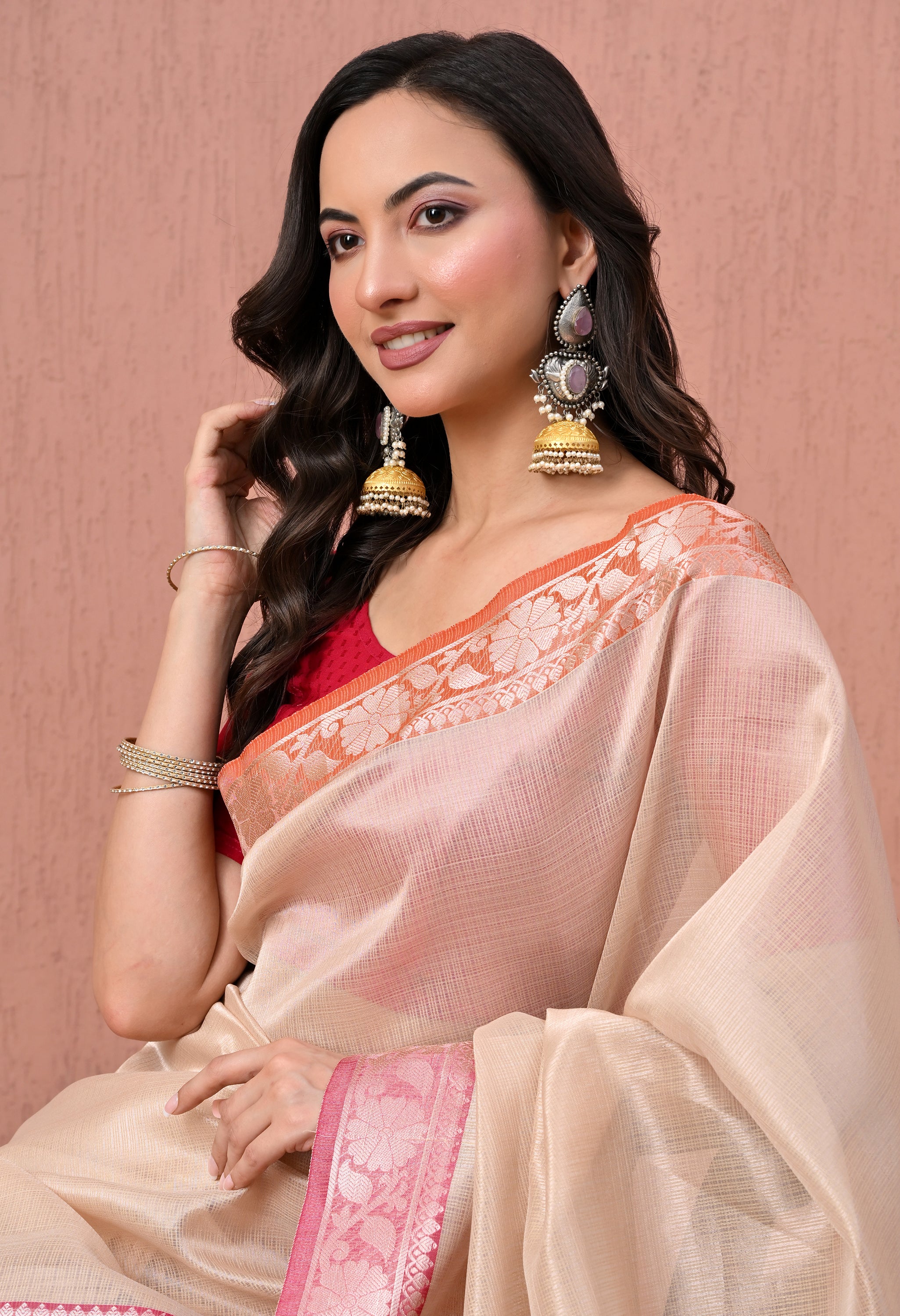 Pure Cotton Saree in Beige with Zari Border and Contrast Rani Pink Pallu