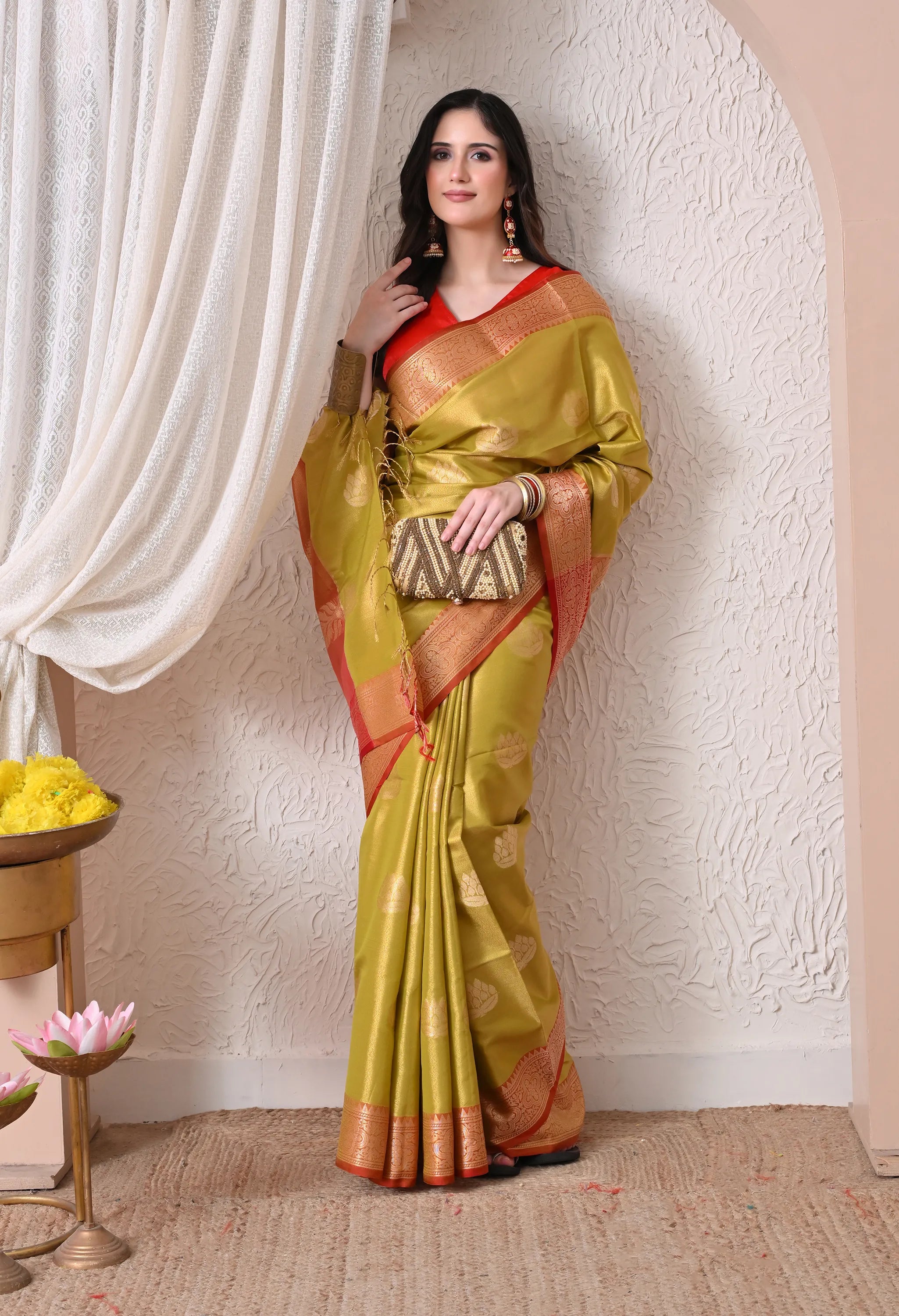 Elegant Olive Green and Crimson Silk Blend Kanjivaram Style Saree
