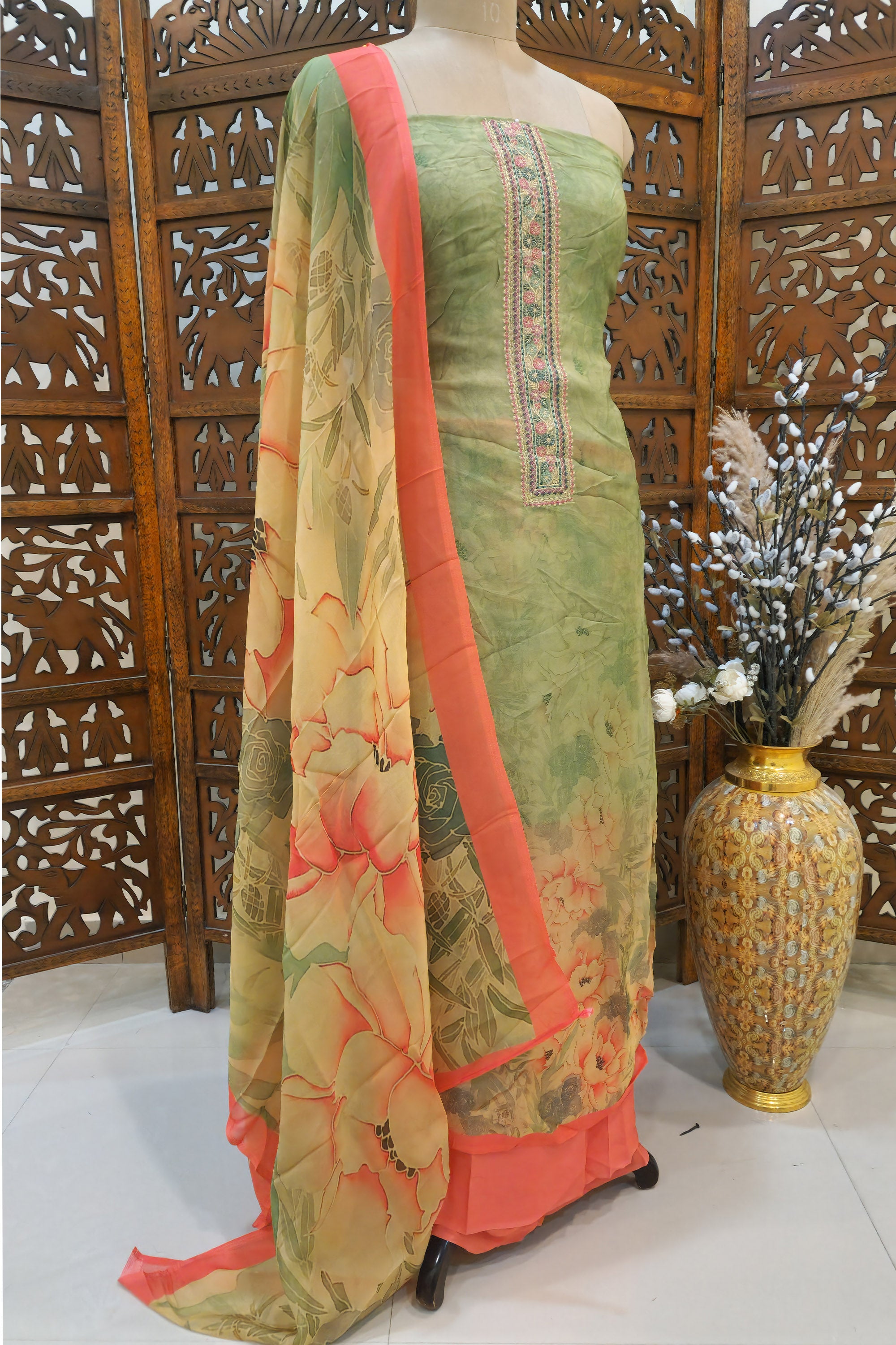 Women Sage Green & Peach Floral Printed  Organza Unstitched Dress Material with Embroidered Neckline