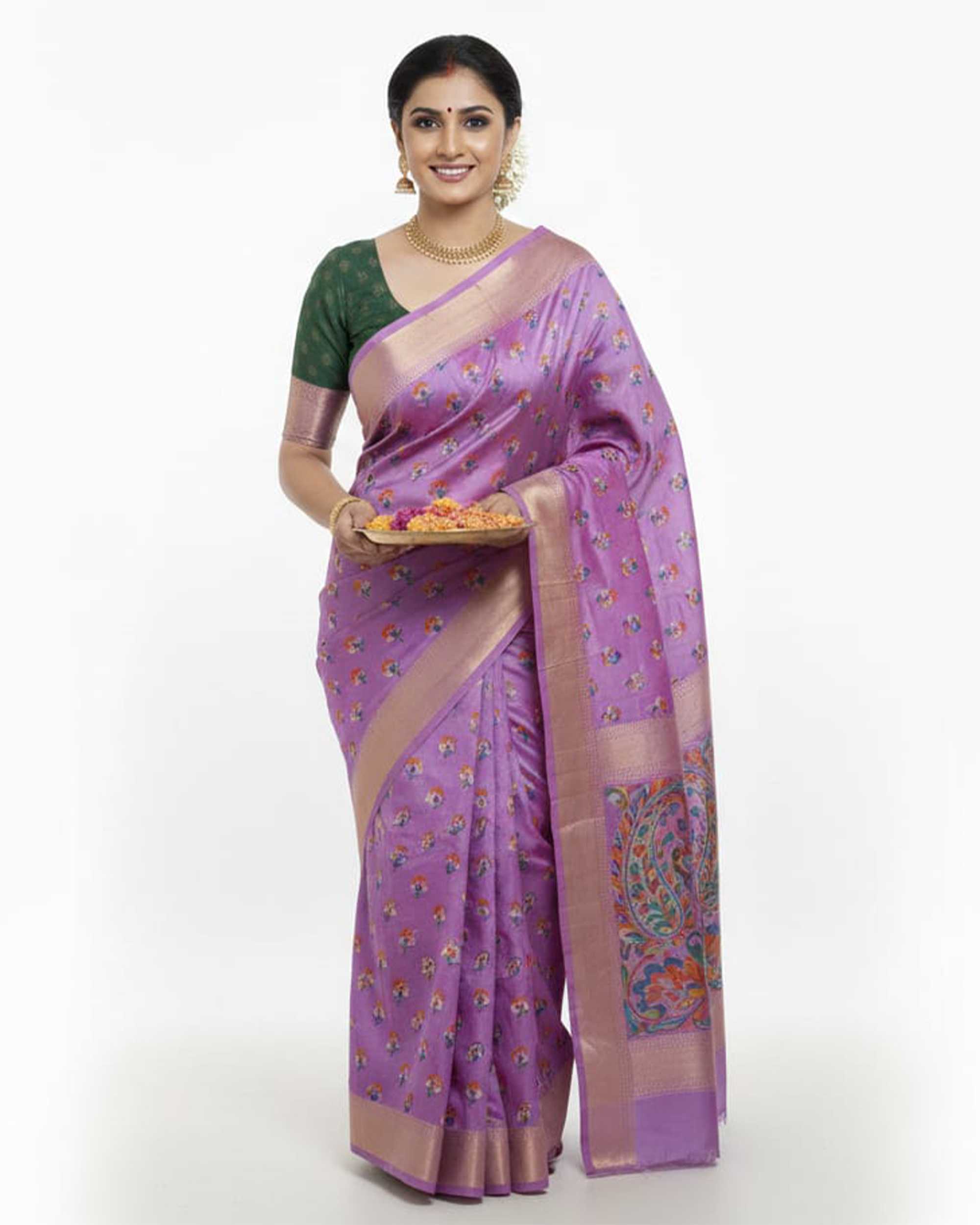 Women Lavender & Rose Gold-Toned Silk Blend Floral Printed Kanjeevaram Saree with Zari Border