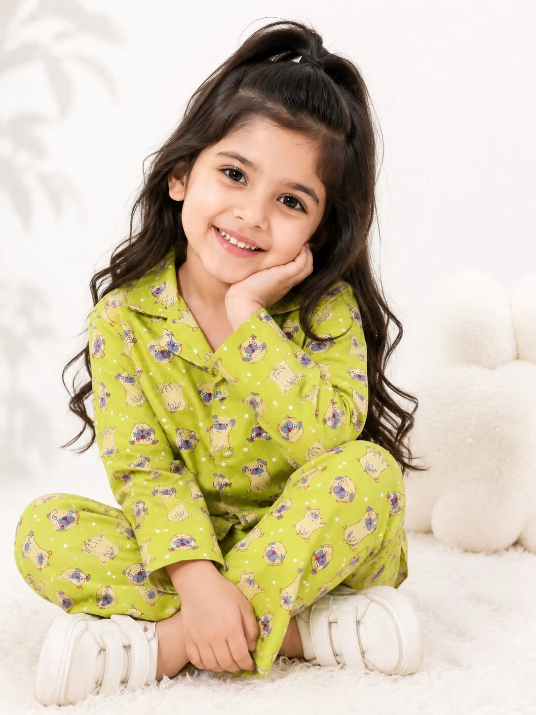 Girls' Lime Green Pug Print Pure Cotton Night Suit
