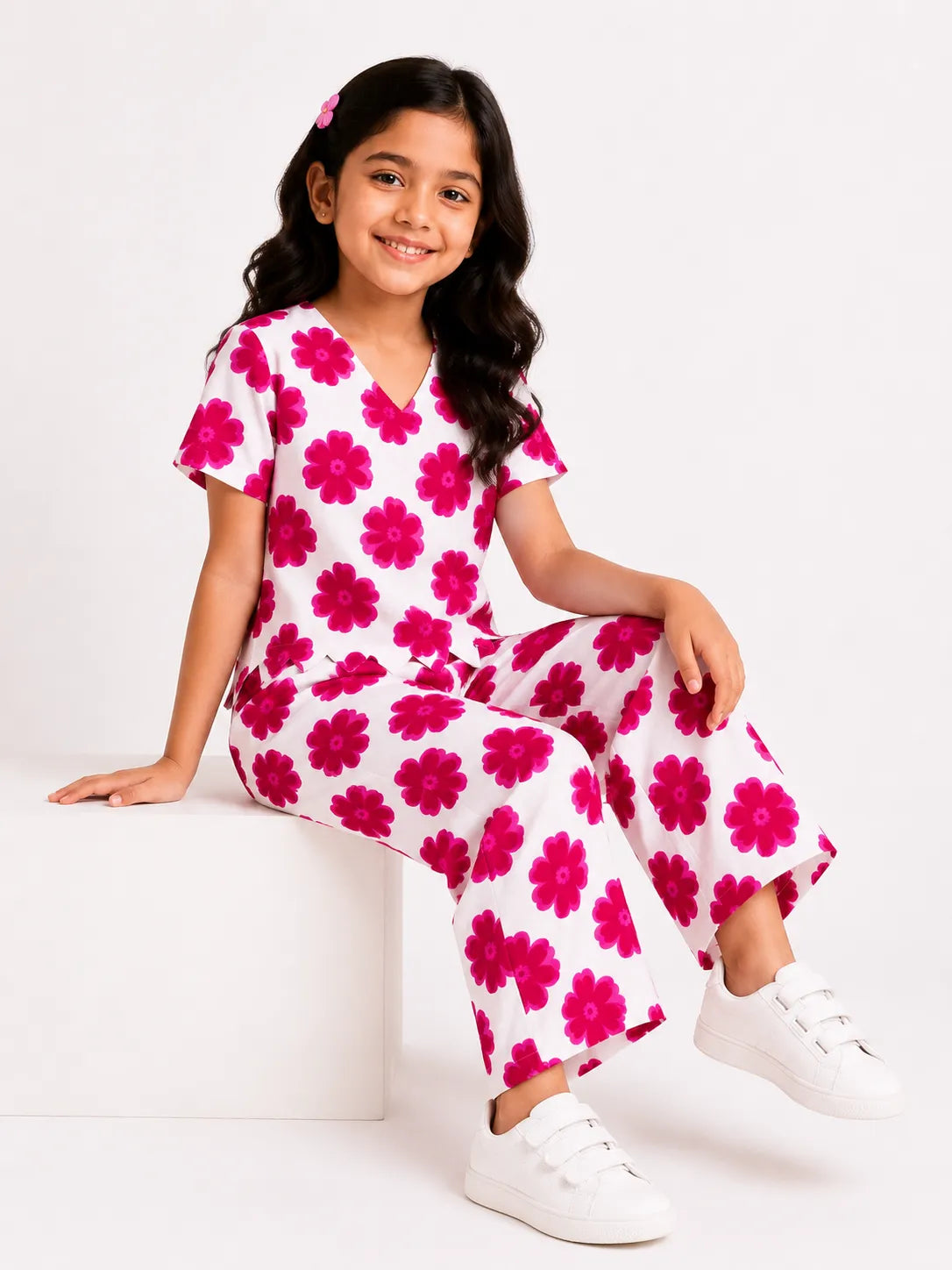 Girls Pink Floral Print Co-ord Set Scallop Hem V-Neck Top & Wide-Leg Trousers