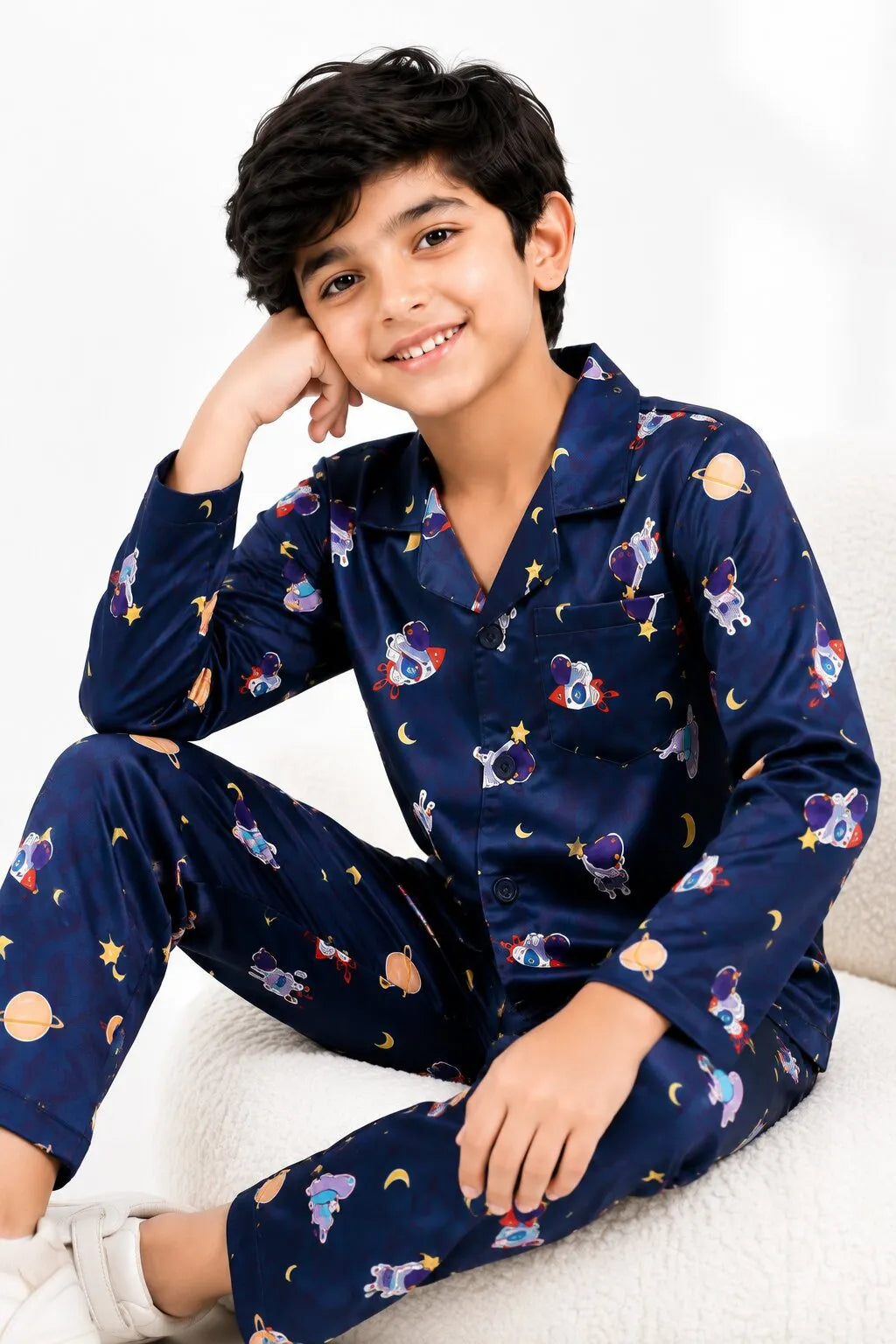 Kids Boys Navy Blue & Multi Satin Space Print Nightsuit Set
