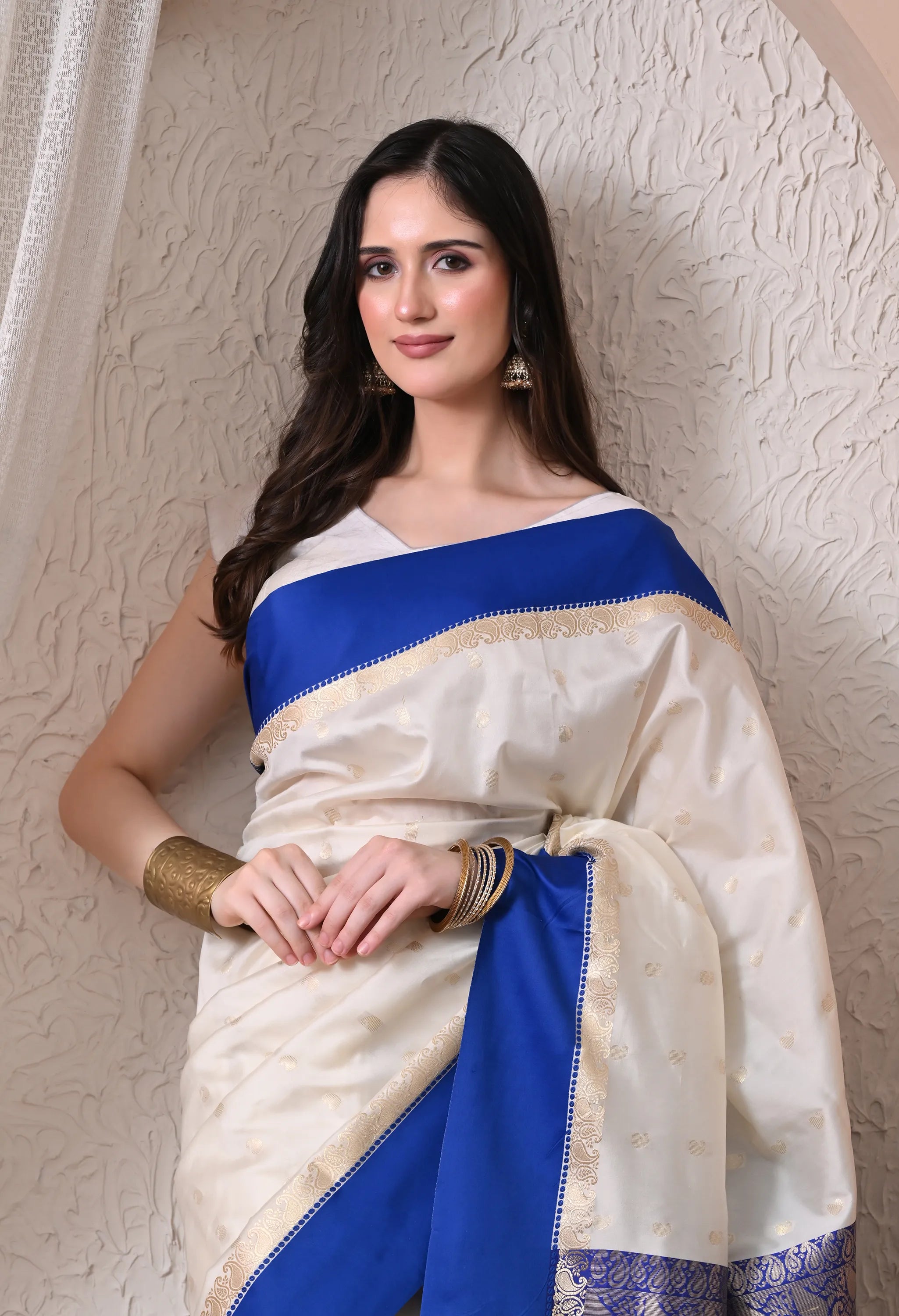 Graceful Off-White and Royal Blue Silk Blend Saree
