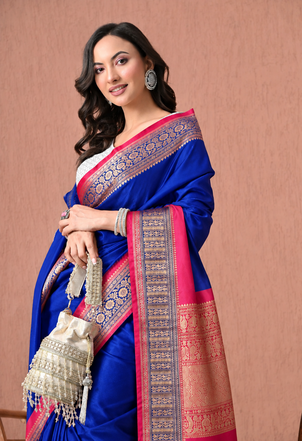 Royal Blue and Magenta Pink Silk Blend Woven Zari Border Saree