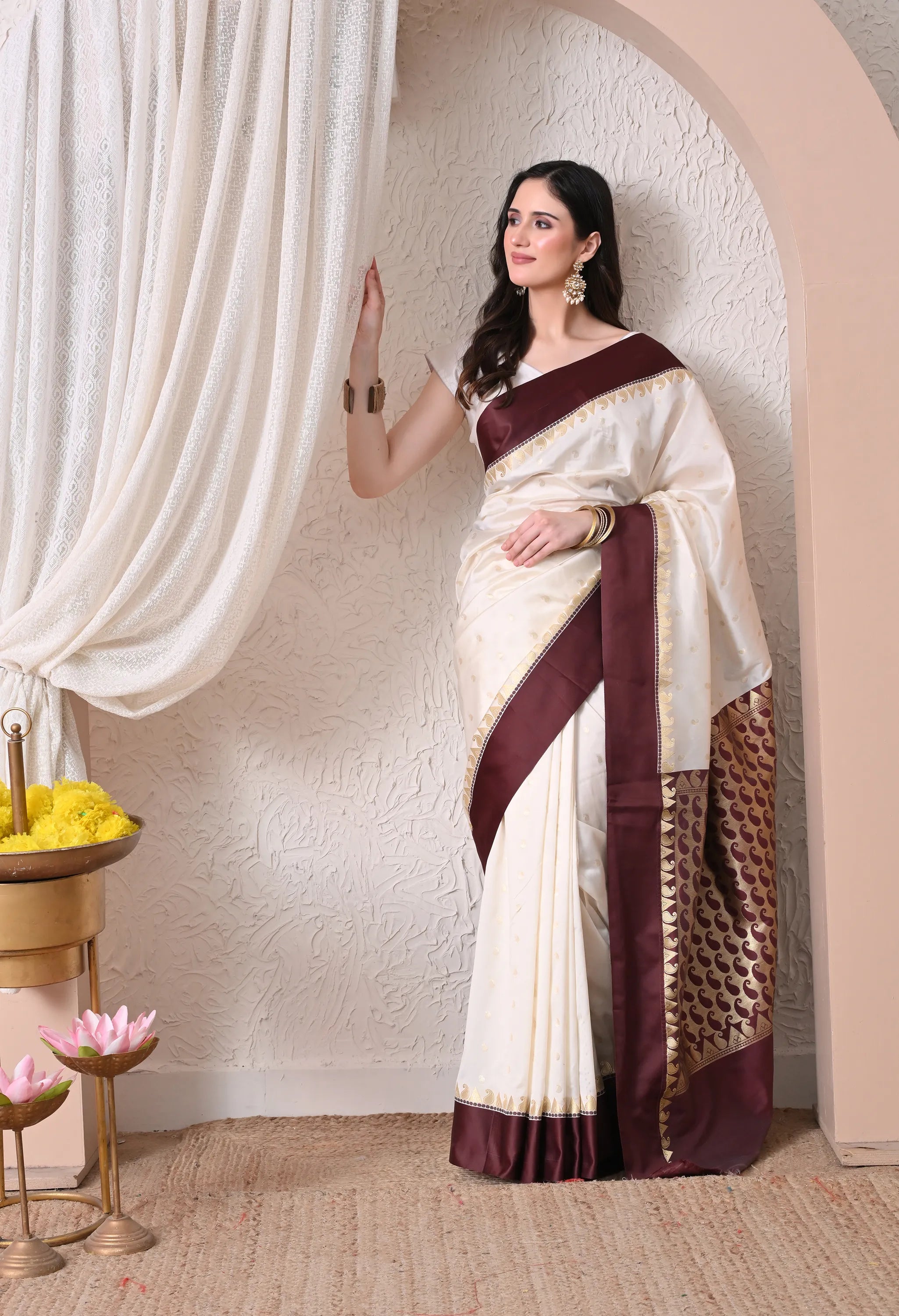 Elegant Off-White and Maroon Silk Blend Saree