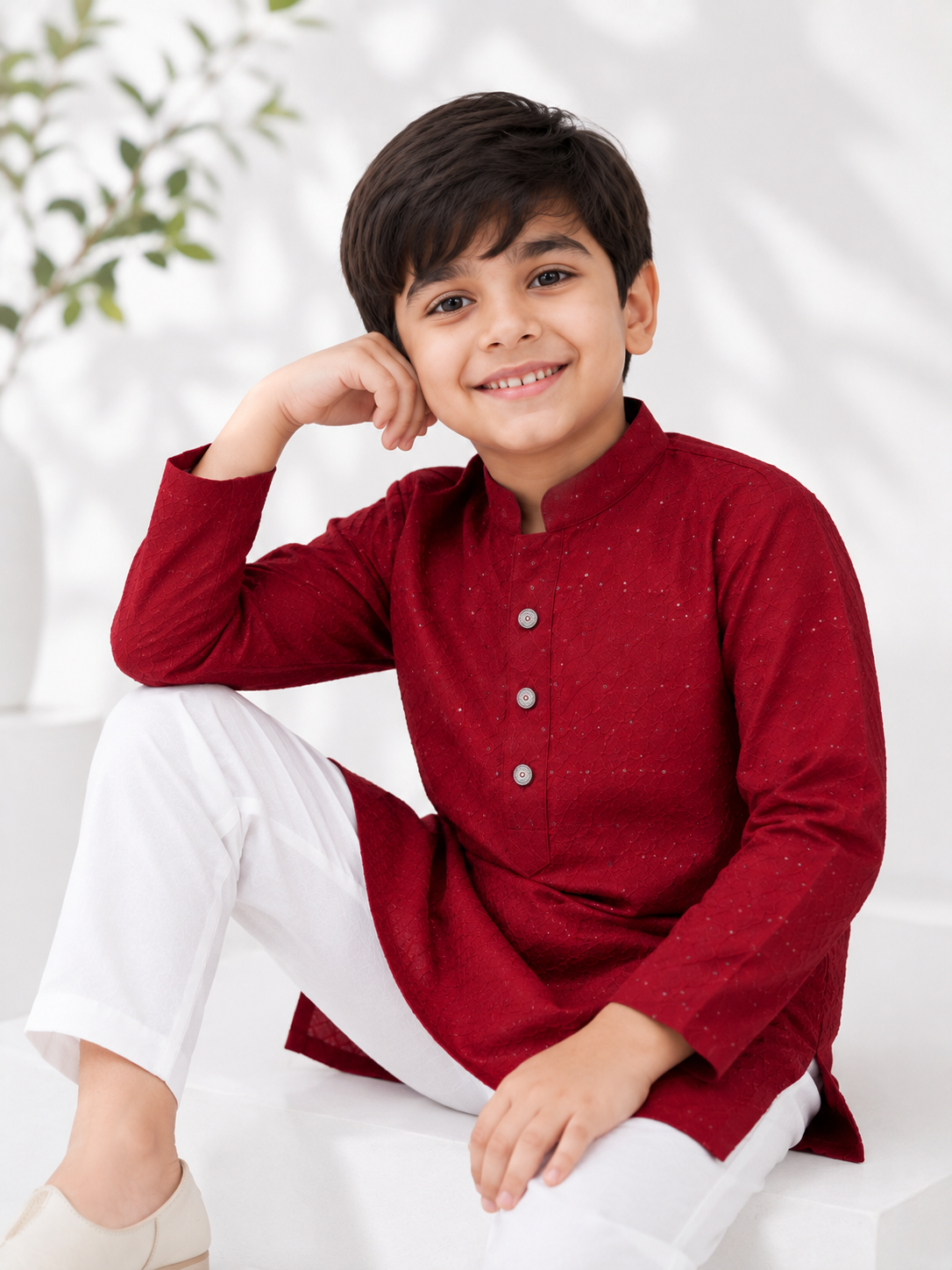 Boys Maroon Chikankari & Sequined Pure Cotton Kurta with Pyjama Set