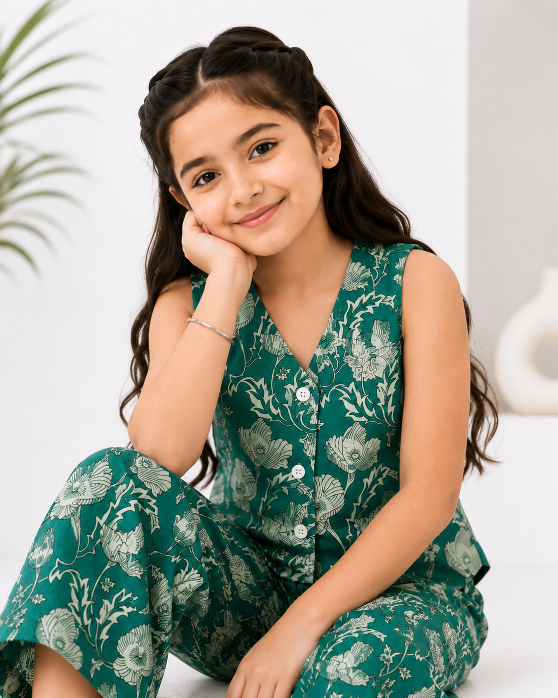 Girls Emerald Green Floral Printed V-Neck Vest & Wide-Leg Co-Ord Set