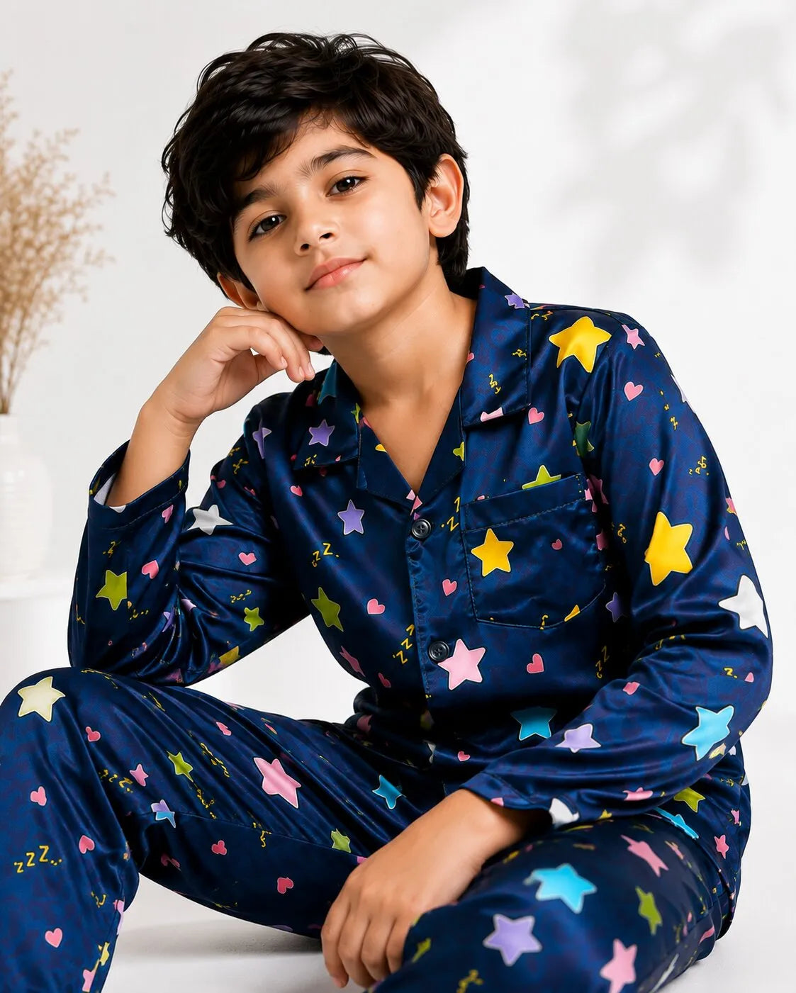 Boys Navy Blue & Multi-Colored Star Print Satin Night Suit