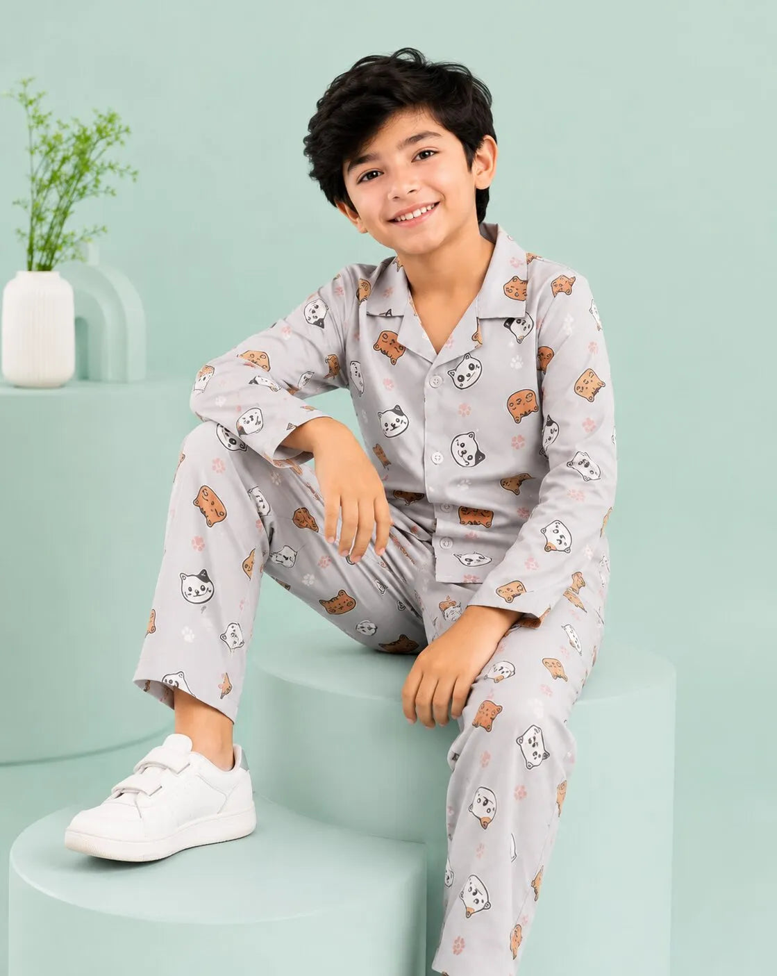 Kids Boys Grey & Orange Cat Printed Satin Night Suit