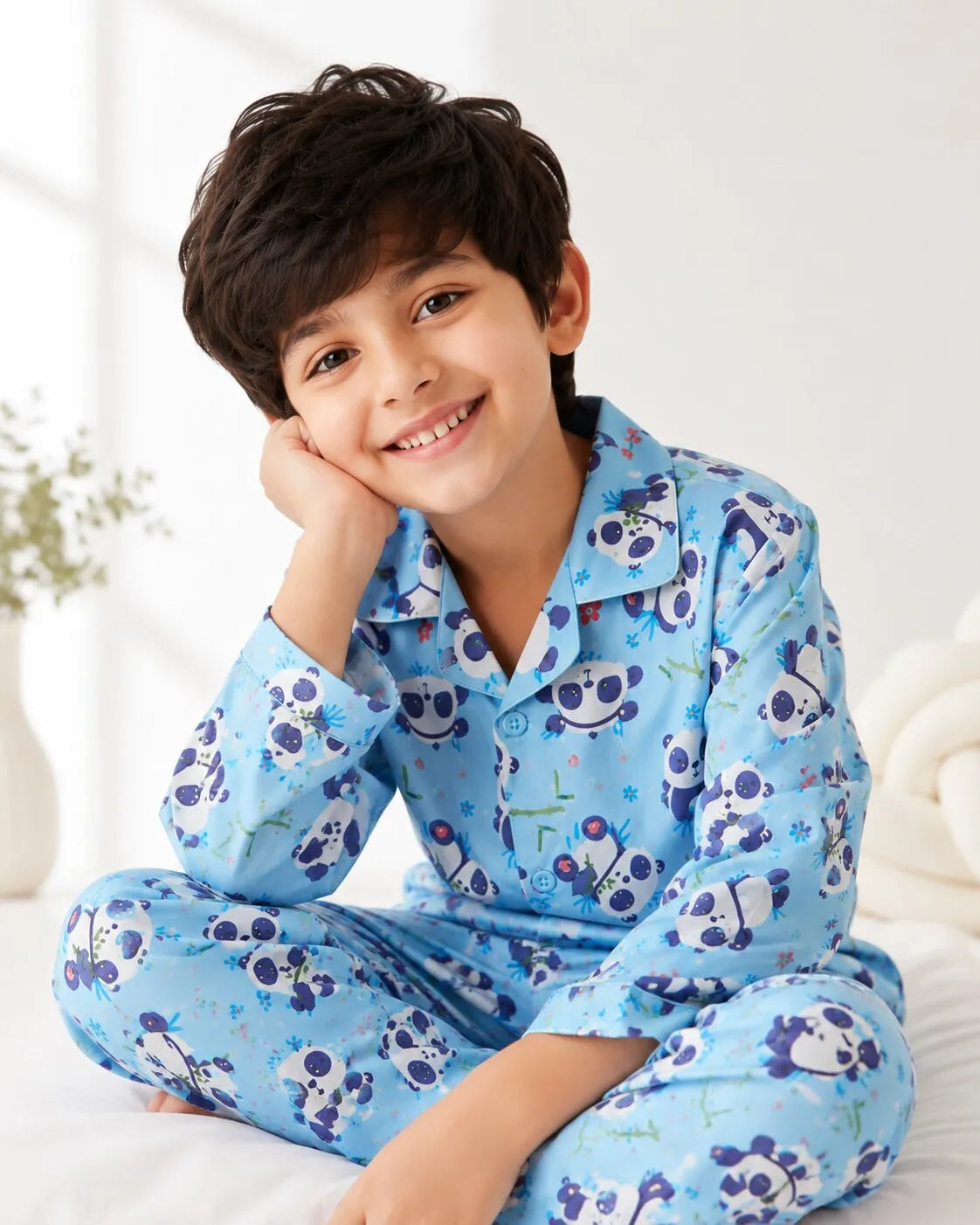 Boys Sky Blue Panda Graphic Printed Satin Night Suit