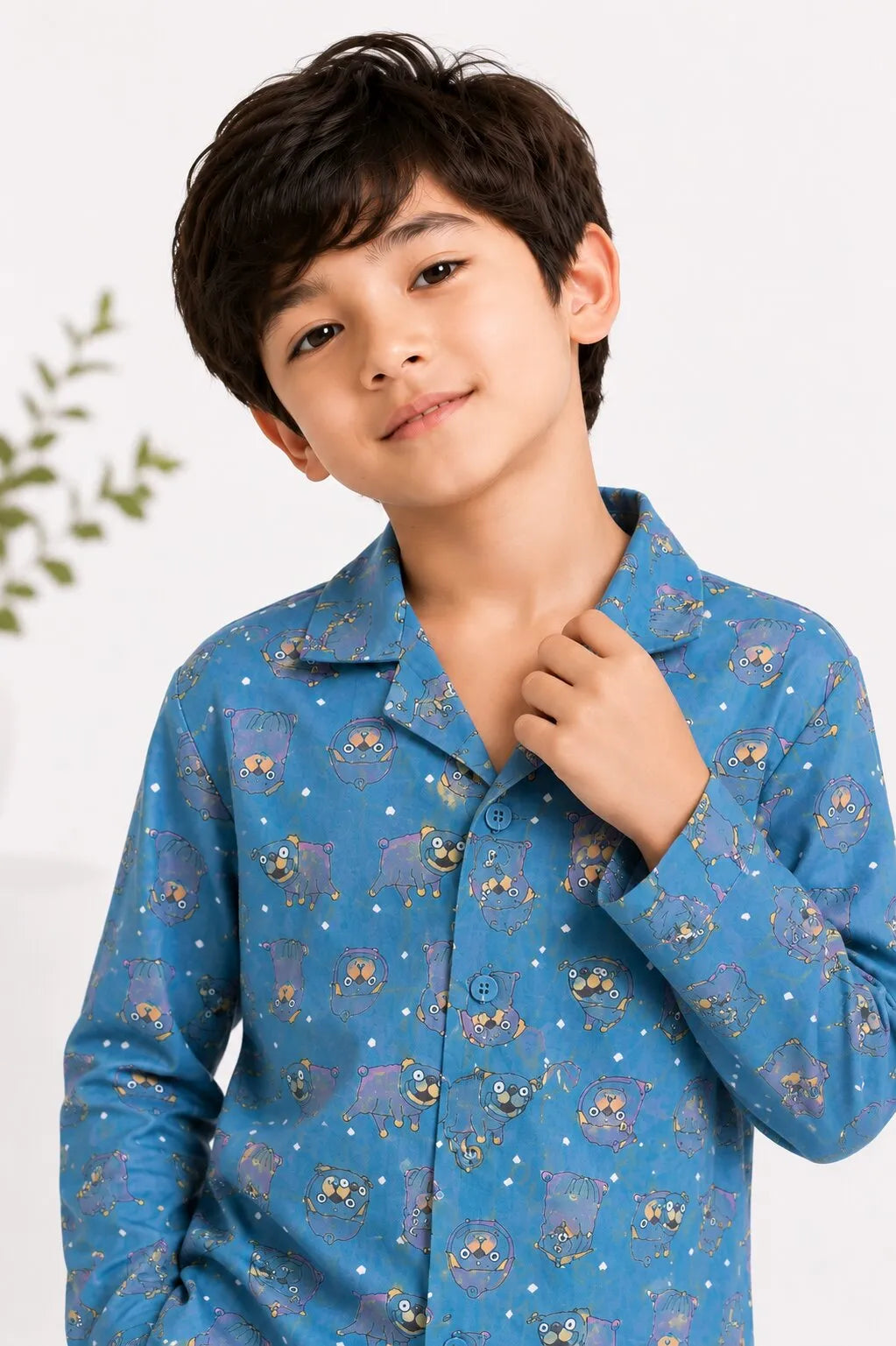 Teal Blue & Grey Hedgehog Print Pure Cotton Night Suit