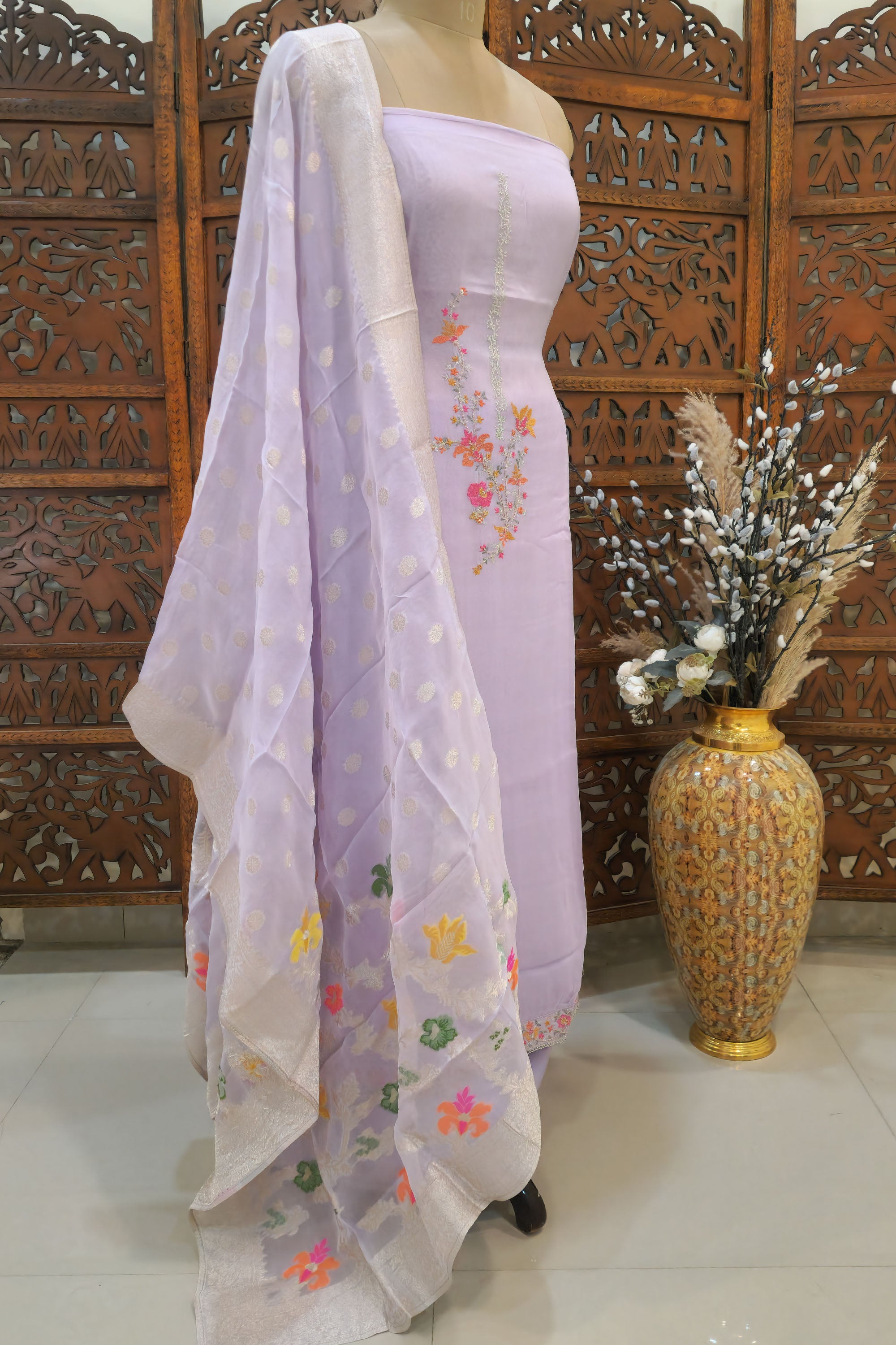 Lavender Floral Embroidered Silk Organza Unstitched Dress Material with Zari Border