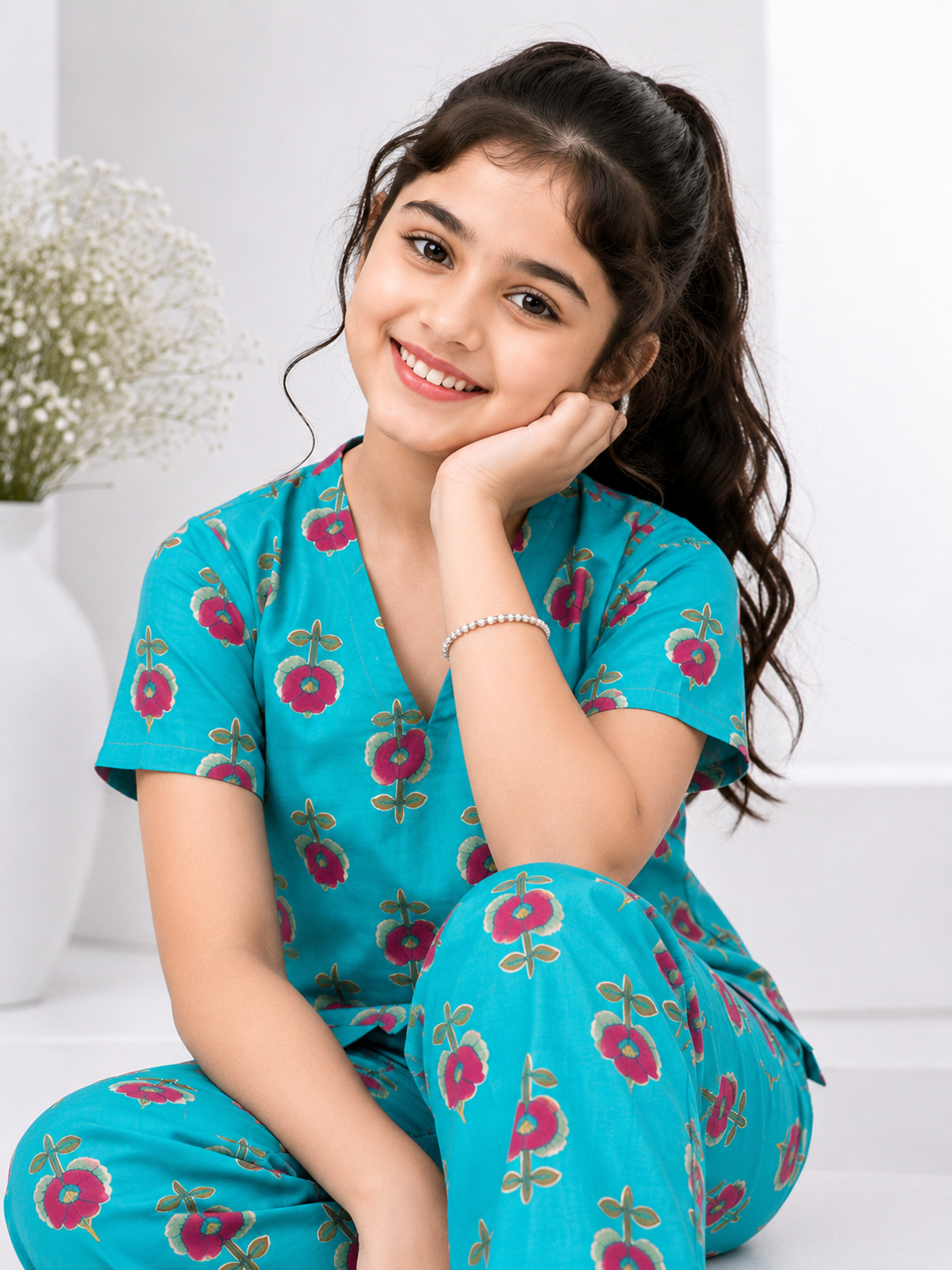 Girls Turquoise Blue Floral Printed Scallop-Hem Top & Wide-Leg Co-Ord Set