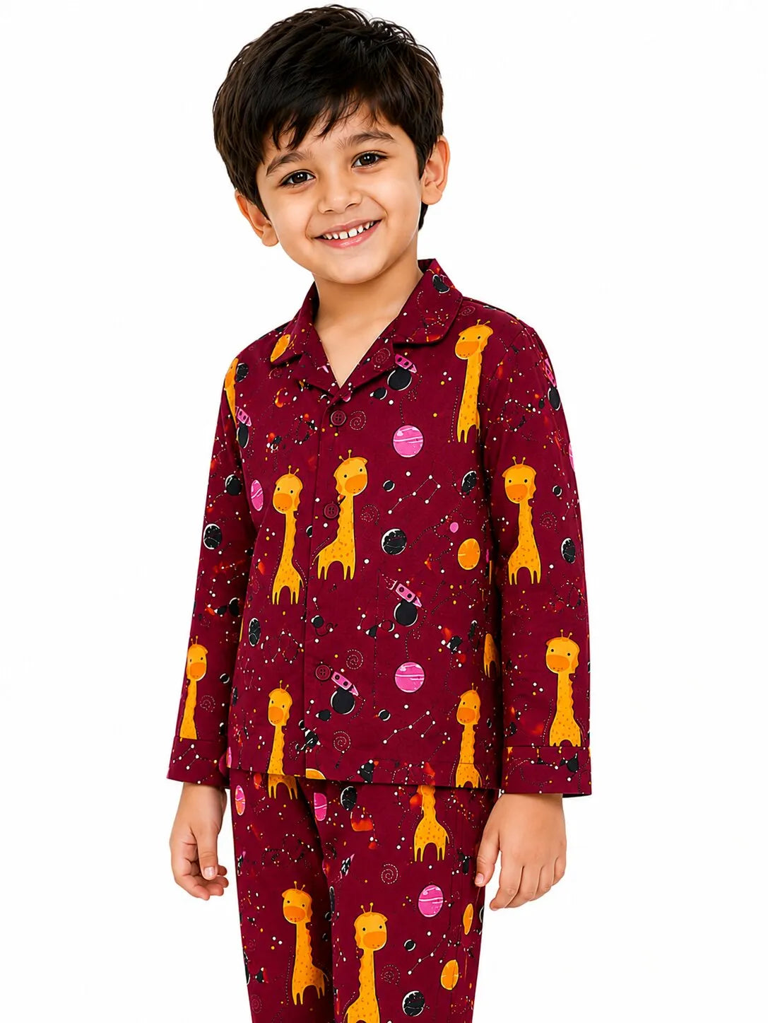 Kids Boys Maroon & Yellow Printed Pure Cotton Night Suit