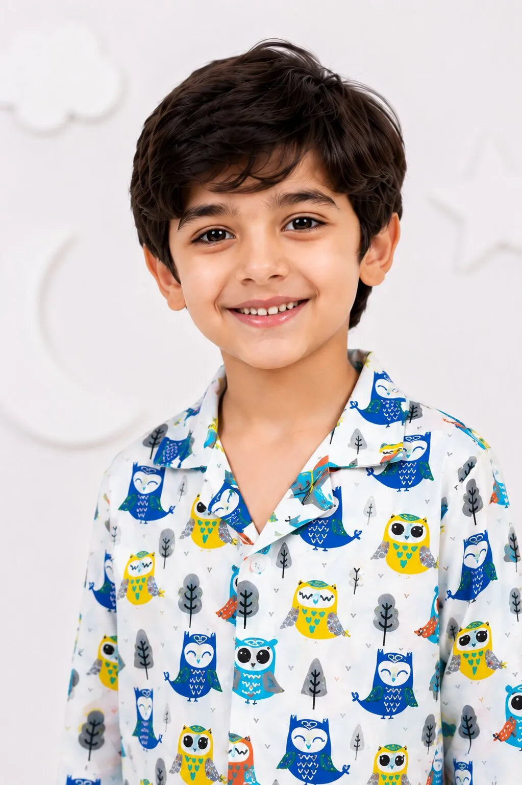 White & Blue Owl Print Pure Cotton Night Suit
