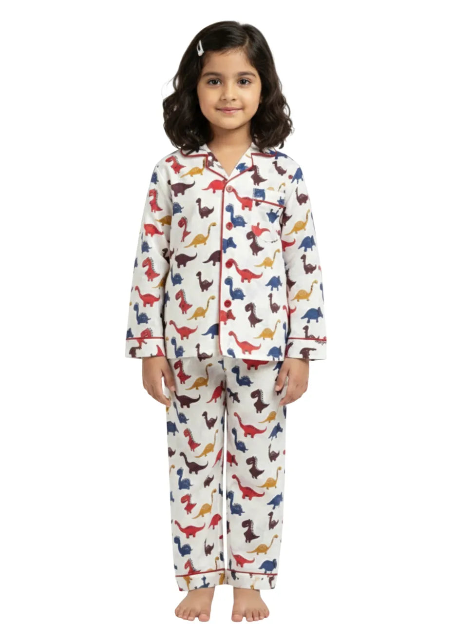 Kids Girls Full Sleeve Collared Pure Cotton Night Suit