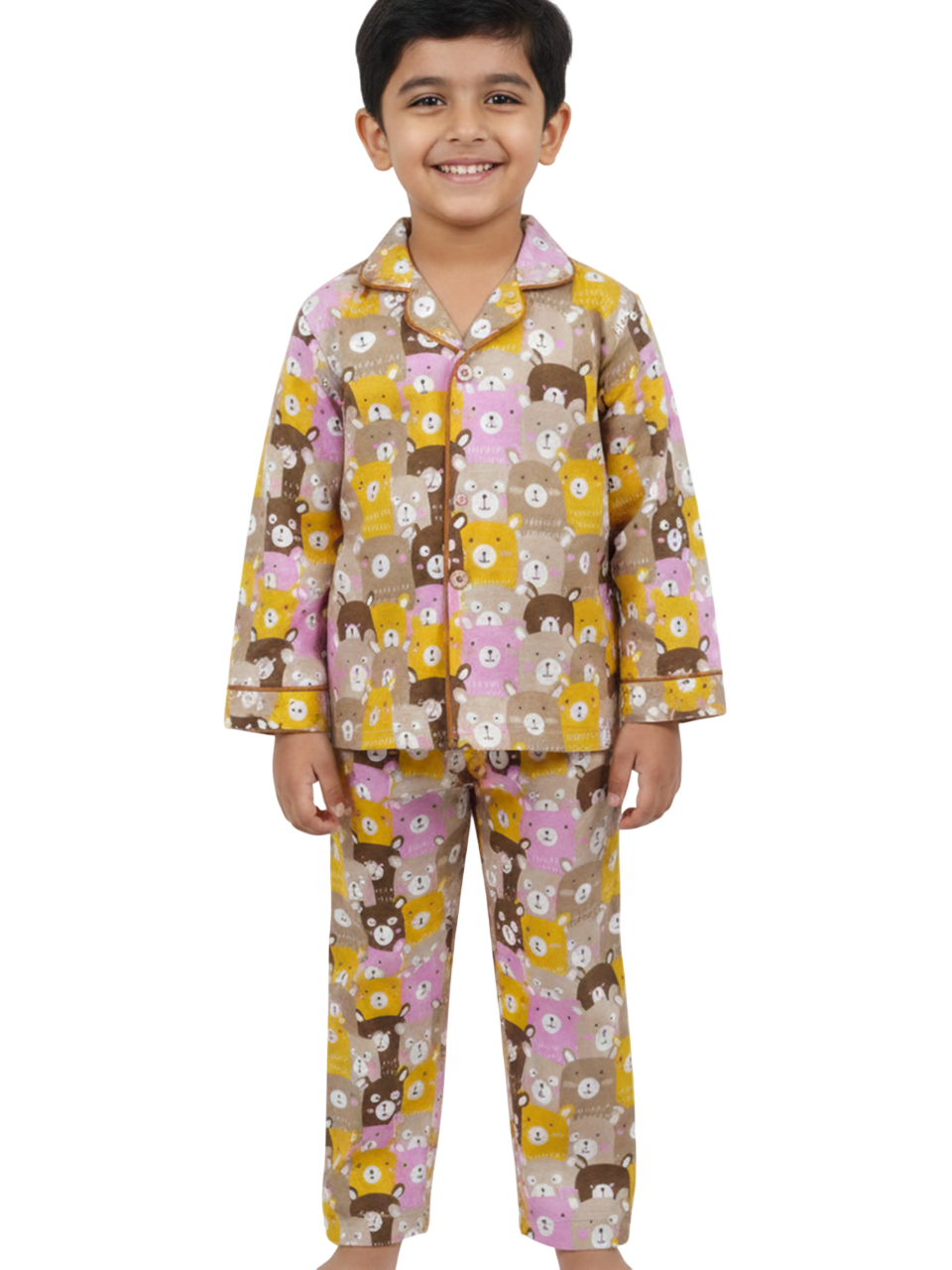 Kids Boys Full Sleeve Collared Pure Cotton Night Suit